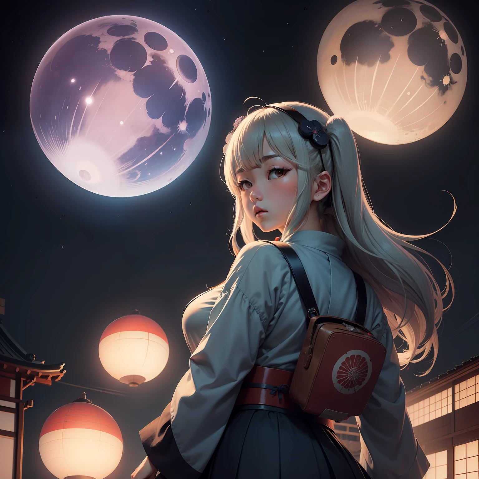 Ukiyo-e style Tokyo Night Train Big Moon Spaceship in the sky Floating schoolgirl Spheres floating around