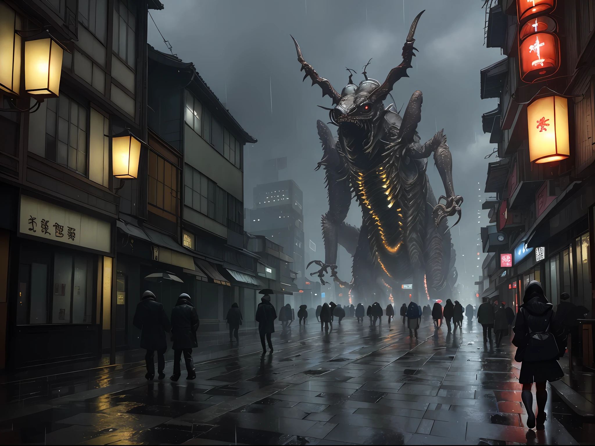 Photorealista, hightquality, masterpiece, Film composition, (City and insect monsters),The devastation of the city with many lights in the buildings々Nice view, (Grotesque insect monster,There are many insect monsters in the city,Monsters are hiding),A dreamy Japan town、A lot of insects、Street、City of Japan、amazing wallpapers、Japan、Ultra-realistic town photos、The city of the near future、japanese city、rainy evening、Futuristic futuristic city、beautifully lit buildings、Evening in the rain、Beautifully Aesthetic、a picture、film like、8K、high detal ((Heavy rain)))