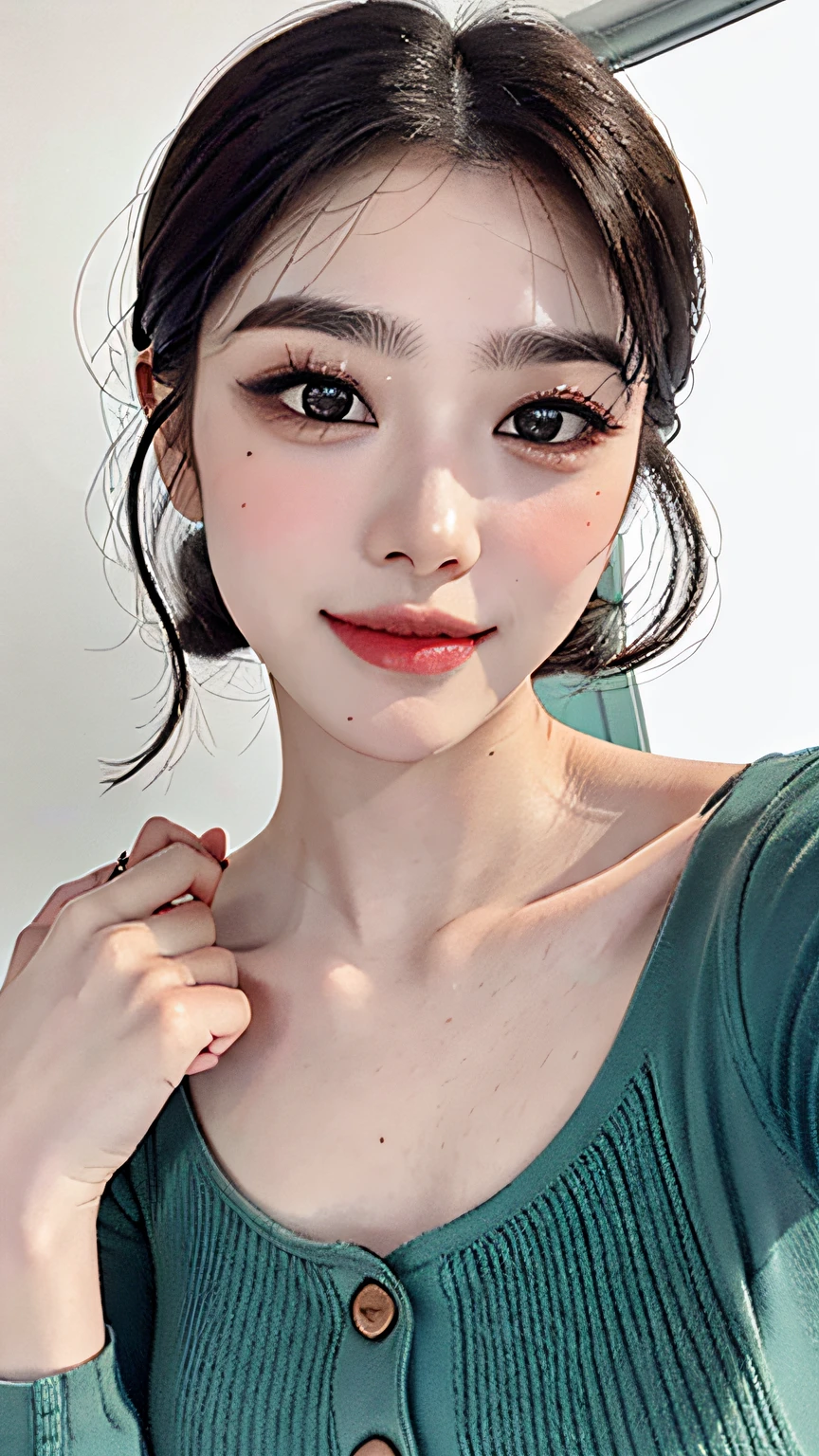 there is a woman that is taking a selfie in a mirror, 2 8 years old, 2 7 years old, 2 9 years old, 2 3 years old, 3 0 years old woman, 30 year-old woman, 2 4 years old, 2 2 years old, 3 2 - year - old, 21 years old, nomake-up, south east asian with round face