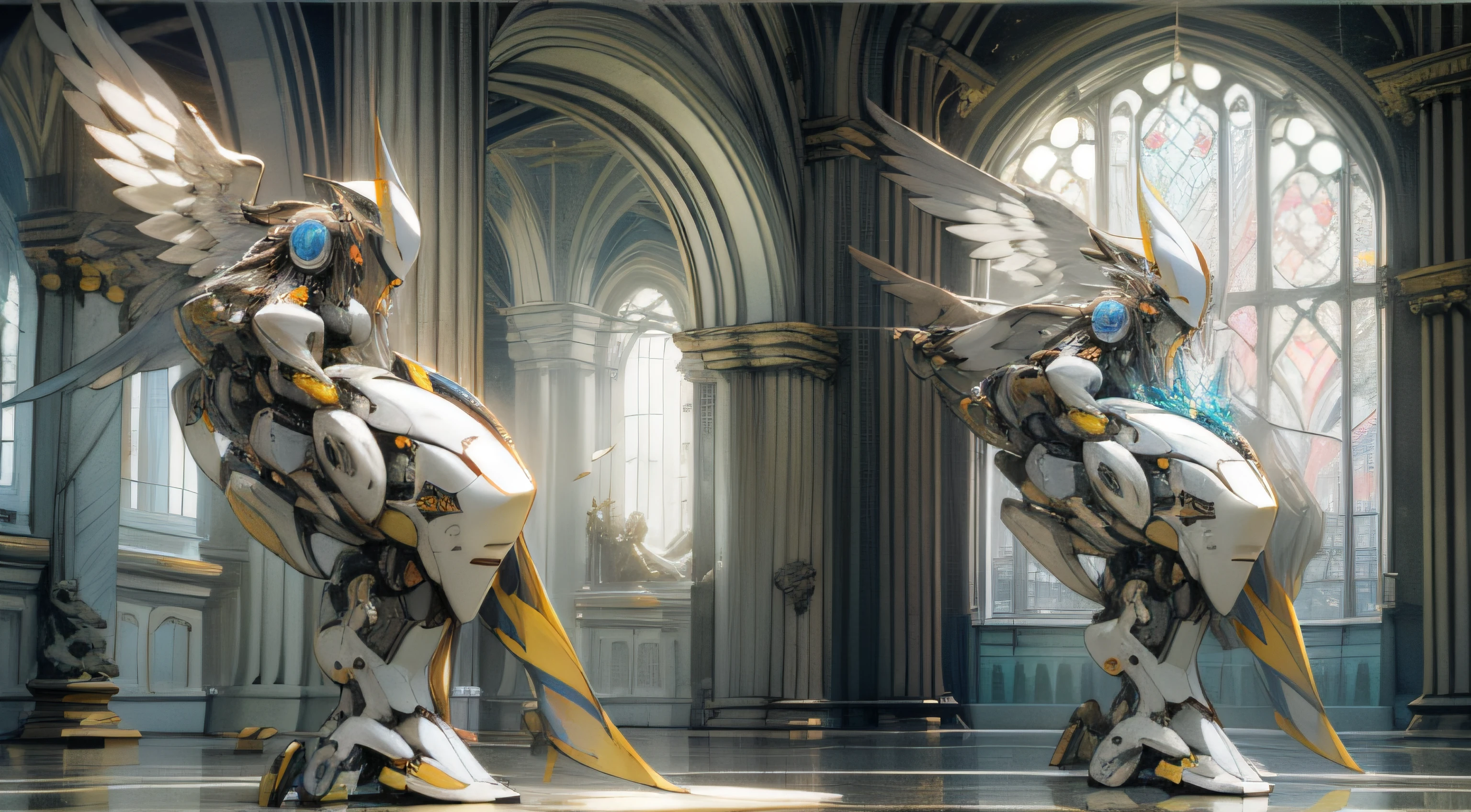 The second image is a different interpretation of the same concept. The robot is still inspired by Aphrodite, but this time it's depicted as a giant mech. The feminine form and smooth curves are retained, but the design is more mechanical, with visible joints and metallic surfaces. The color palette is the same, but the lighting is more dramatic, with strong contrasts between light and shadow. The dove is now a part of the robot's design, perhaps incorporated into its shoulder or arm. The robot's enchanting abilities are visualized as a radiant aura or a beam of light. The image is hyper-realistic, highly detailed, and high-resolution 16k. The composition is a low-angle shot, emphasizing the robot's size and grandeur. The shot is taken with a wide-angle lens at f/2.8, ISO 200, and a shutter speed of 1/60. --ar 16:9 --v 5.1 --style raw --q 2 --s 750