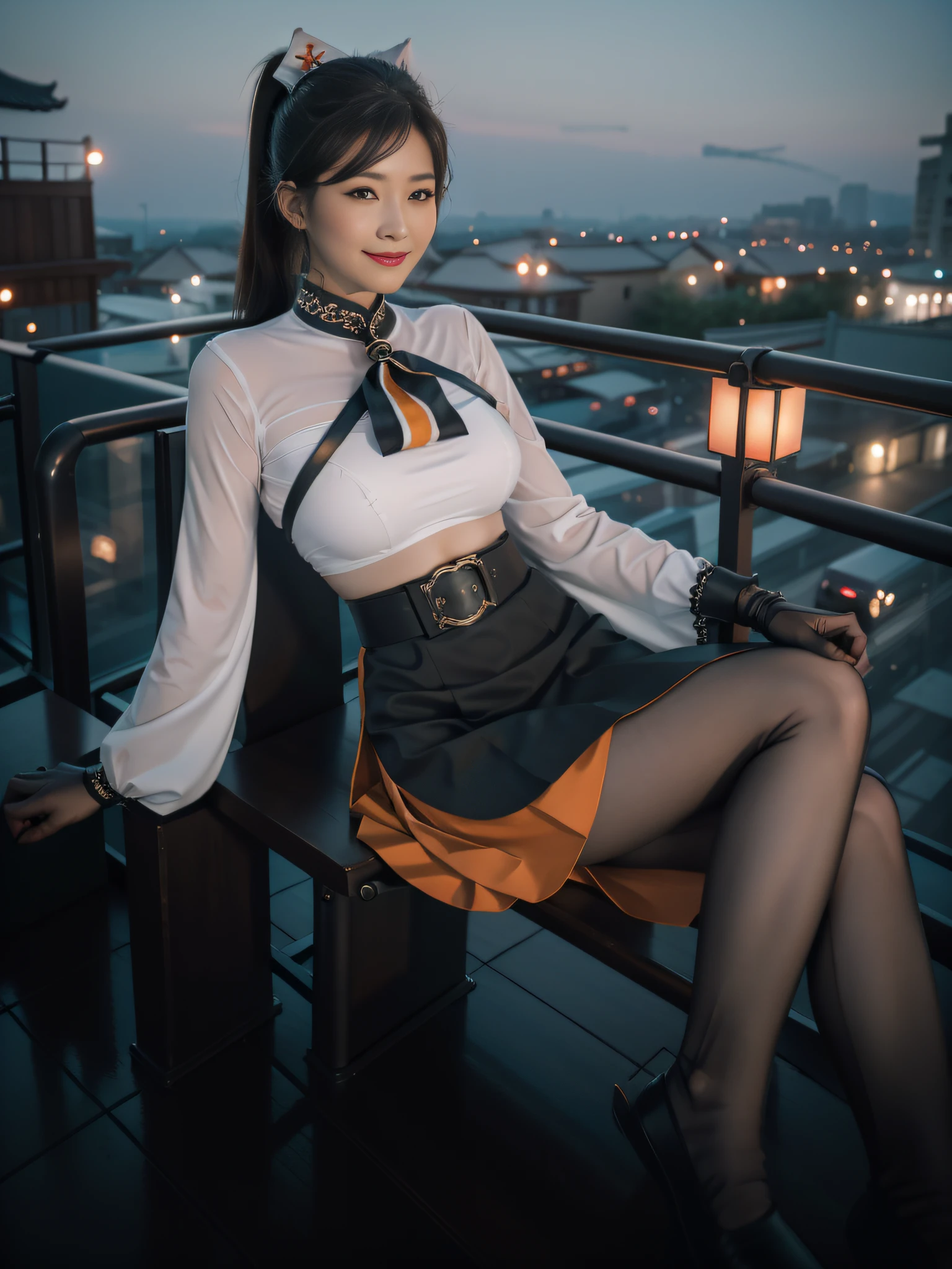 nurse1girl,long white hair,mature female,looking at viewer,(cityscape:1.1),night,rabbit ears,orange crop top,skirt,single black glove,orange skirt,ponytail,asymmetrical see-through sleeves,belt,collar,chinese clothes,pleated skirt,cowboy shot,sitting,chair,makeup,blush,light smile,metal trim,navel, east asian architecture, lantern,