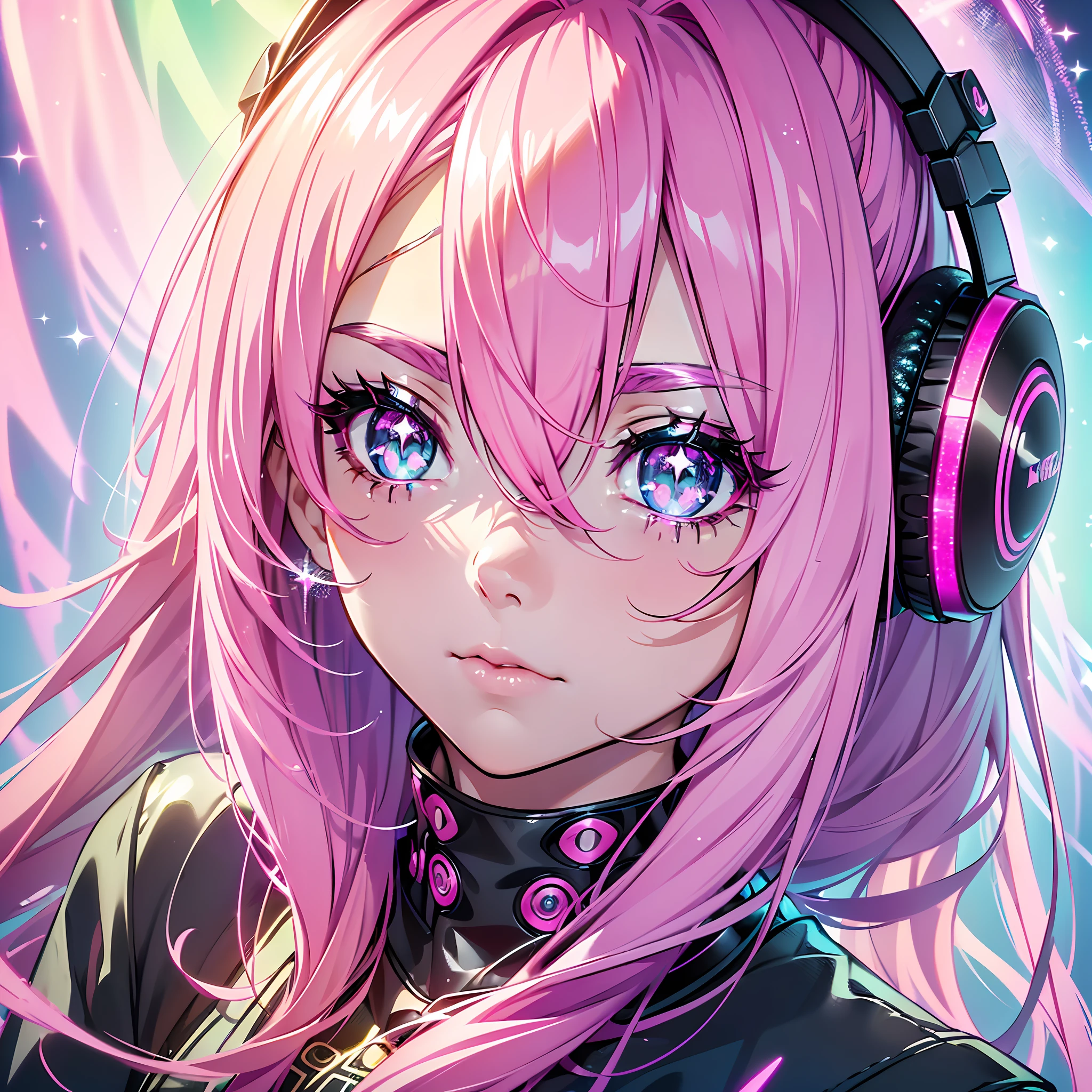 Green eyes、Green eyes.Pink hair、Longhaire、Two-side-up、verd s eyes、headphones、Music、Listen to the music、ciber、(Close-up of the left eye:1.4)((Pink hair, Long hair,Straight hair,two side up)) (Green eyes),eyeshadows, eye line,gloweyes, ultradetailed eyes, intricate eyes, Beautiful eyes, (Glowing pink pupils)(Notes pupil)18-year-old girl.
((High contrast RGB effect, LED effect, Shining Effect, Ripple Effect, Glitter RGB effect)) (Black background: 1.5)