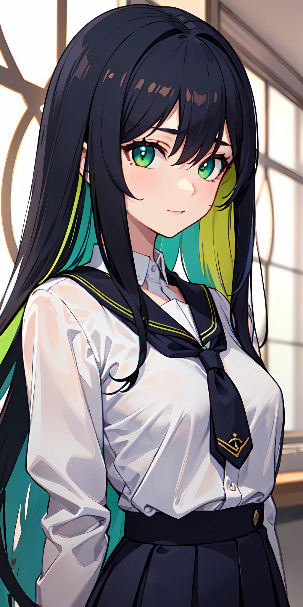 ((best quality, masterpiece)), (1girl, solo, sharp face, perfect proportion body, beautiful body, dynamic angle), (emotional face, very happy face), (colorful hair, long hair, brown hair, green highlights, hair between the eyes), (colorful eyes, vibrant color, green eyes, finely detailed beautiful eyes:1.2), (beautiful detailed face), (beautiful schoolar clothes, white shirt, dark blue skirt), (an extremely delicate and beautiful), high contrast, (detailed background, best illumination, hyper detailed background, hyper detailed school, high illumination, inside school, modern school, japanese school, natural lights),