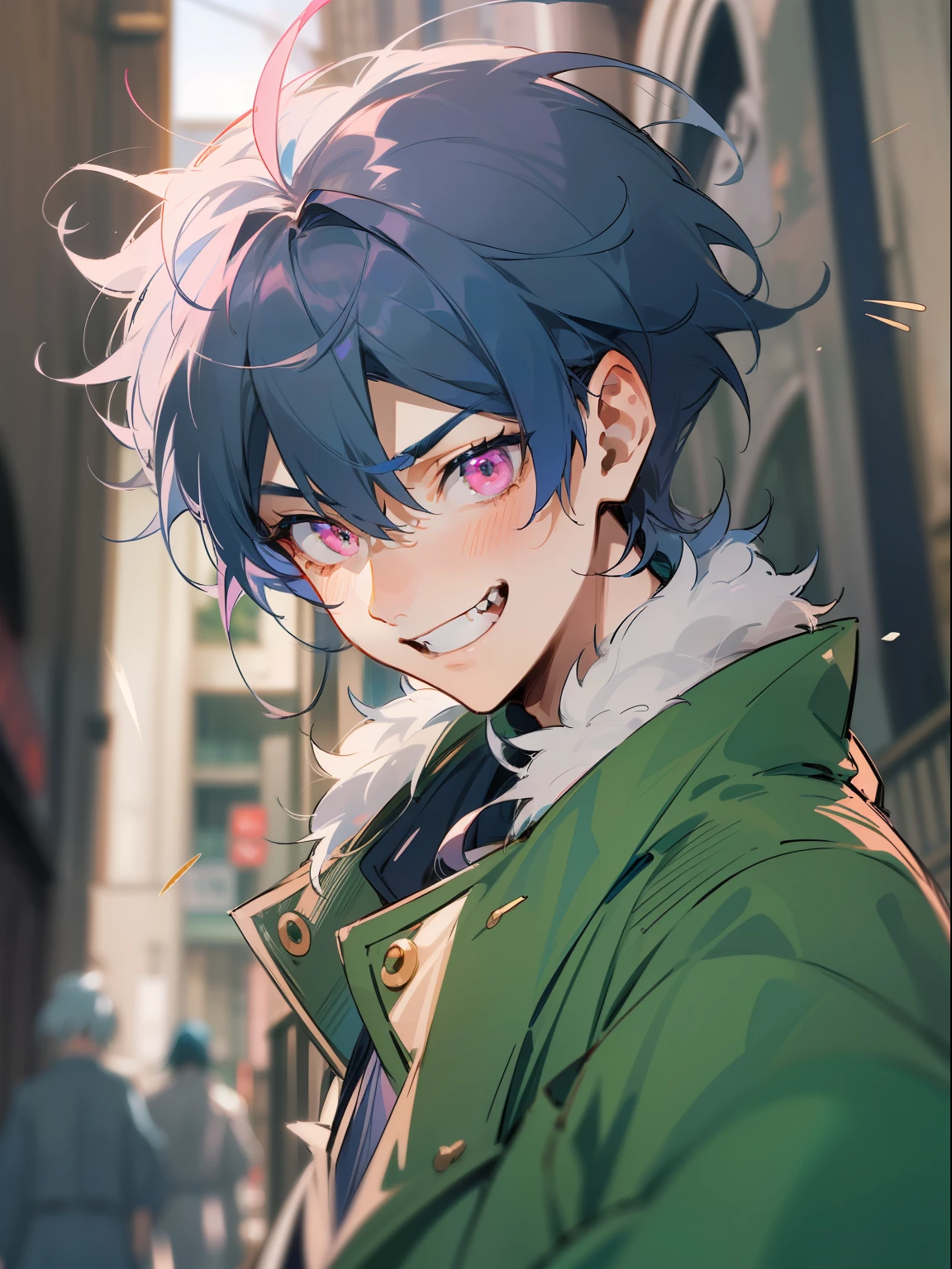 Ultra Detail,Haig Quality,sketch,1boy,matured male,Beautiful face,(Navy blue hair,Outer hair:1.3),Handsome men,Pearl skin,black tshirt,Moss Green Mod Coat,Dynamic Angle,Japan Anime,Pink eyes,Laugh,Like a cat's eye,city,male in his 20s,