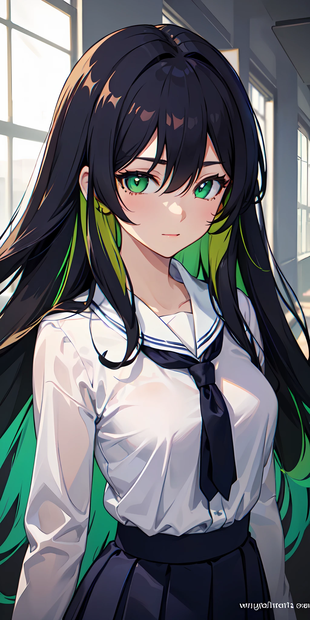 ((best quality, masterpiece)), (1girl, solo, sharp face, perfect proportion body, beautiful body, dynamic angle), (emotional face, very happy face), (colorful hair, long hair, brown hair, green highlights, hair between the eyes), (colorful eyes, vibrant color, green eyes, finely detailed beautiful eyes:1.2), (beautiful detailed face), (beautiful schoolar clothes, white shirt, dark blue skirt), (an extremely delicate and beautiful), high contrast, (detailed background, best illumination, hyper detailed background, hyper detailed school, high illumination, inside school, modern school, japanese school, natural lights),