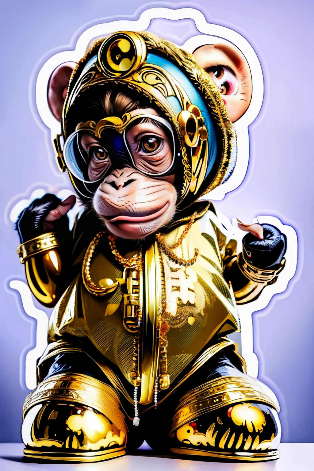 ((stickers)),white background,simple background,concept art,sots art, A cute Kawaii tiny hyper realistic  monkey, wearing hip hop clothes,   cinematic lighting