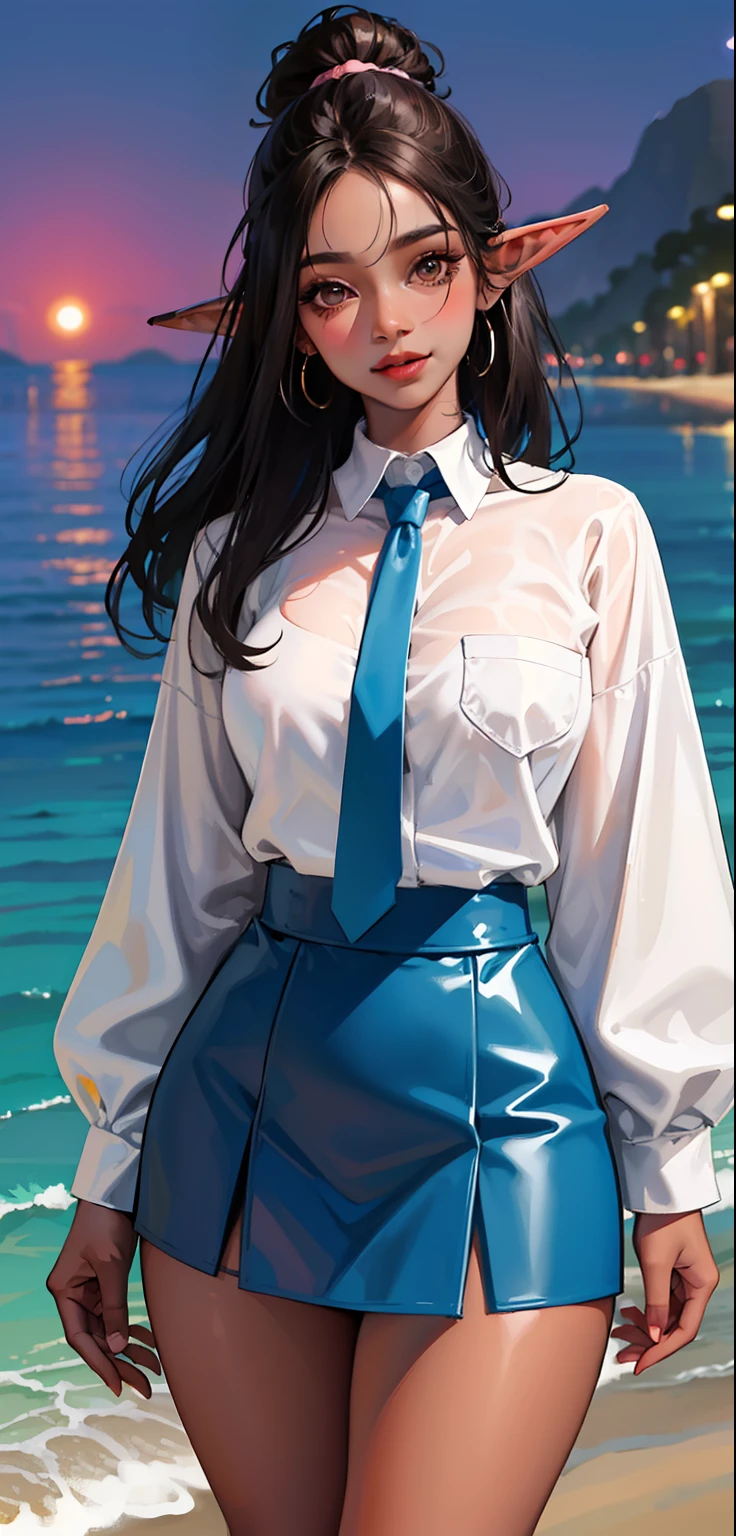 brazilian woman, dark skin, perfect brown eyes, details, elf ear, eyebrow, smiling, lips, short straight blue hair, painted on the nape pink, white long-sleeved shirt, tie, short skirt, thin waist, thick legs, thick thighs , background scenery, rio de janeiro ultra detailed, on the beach, night light, night, beautiful night