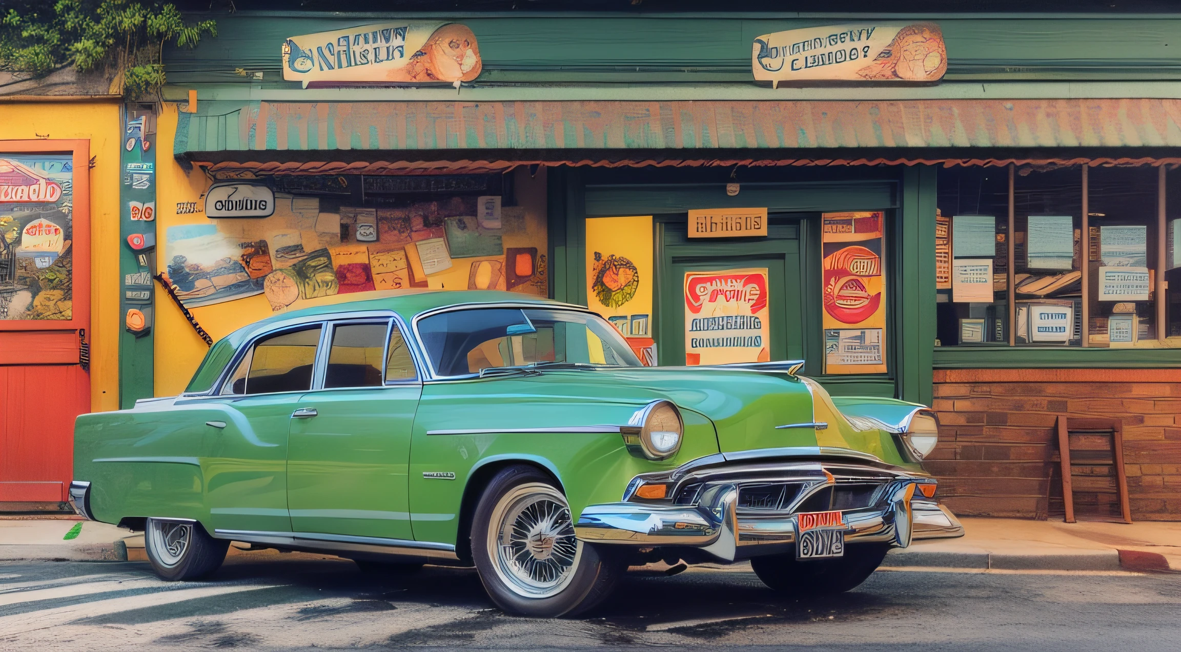 An old American car in green parked in front of a restaurant, Pop art painting by Hideto Suzuki, american scene painting, The Art of Instagram, Chillwave, Digital Illustration