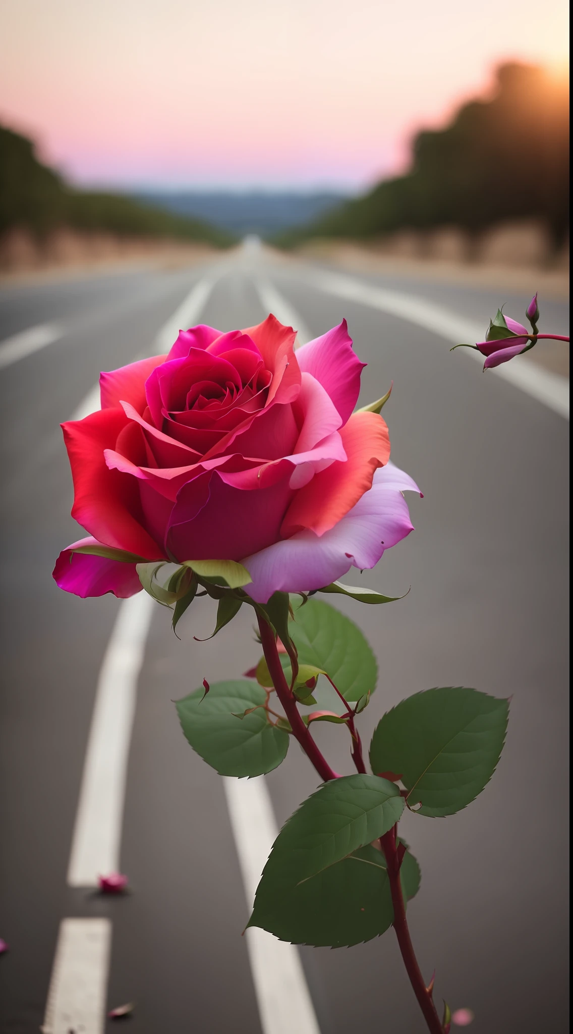 There is a rose standing in the middle of the road, shot on canon eos r 5, shot on a Canon EOS R5, rainbow gradient bloom, shot with sony alpha 1 camera, Color ( sony a 7 r iv, Shot on Canon EOS R 6, photo of a rose, taken with a Sony A7R camera, taken with sony alpha 9