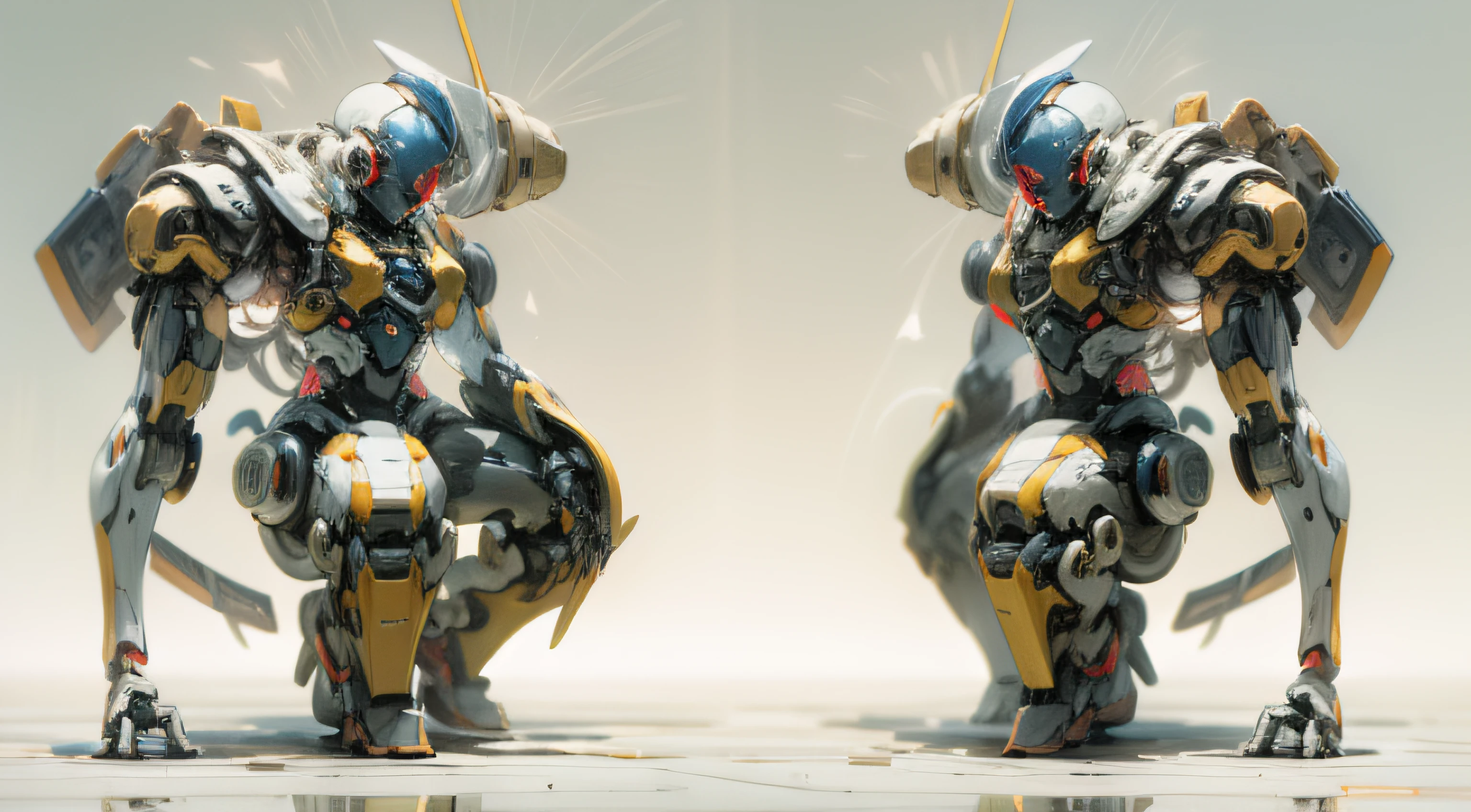 The second image is a different interpretation of the same concept. The robot is still inspired by Aphrodite, but this time it's depicted as a giant mech. The feminine form and smooth curves are retained, but the design is more mechanical, with visible joints and metallic surfaces. The color palette is the same, but the lighting is more dramatic, with strong contrasts between light and shadow. The dove is now a part of the robot's design, perhaps incorporated into its shoulder or arm. The robot's enchanting abilities are visualized as a radiant aura or a beam of light. The image is hyper-realistic, highly detailed, and high-resolution 16k. The composition is a low-angle shot, emphasizing the robot's size and grandeur. The shot is taken with a wide-angle lens at f/2.8, ISO 200, and a shutter speed of 1/60. --ar 16:9 --v 5.1 --style raw --q 2 --s 750