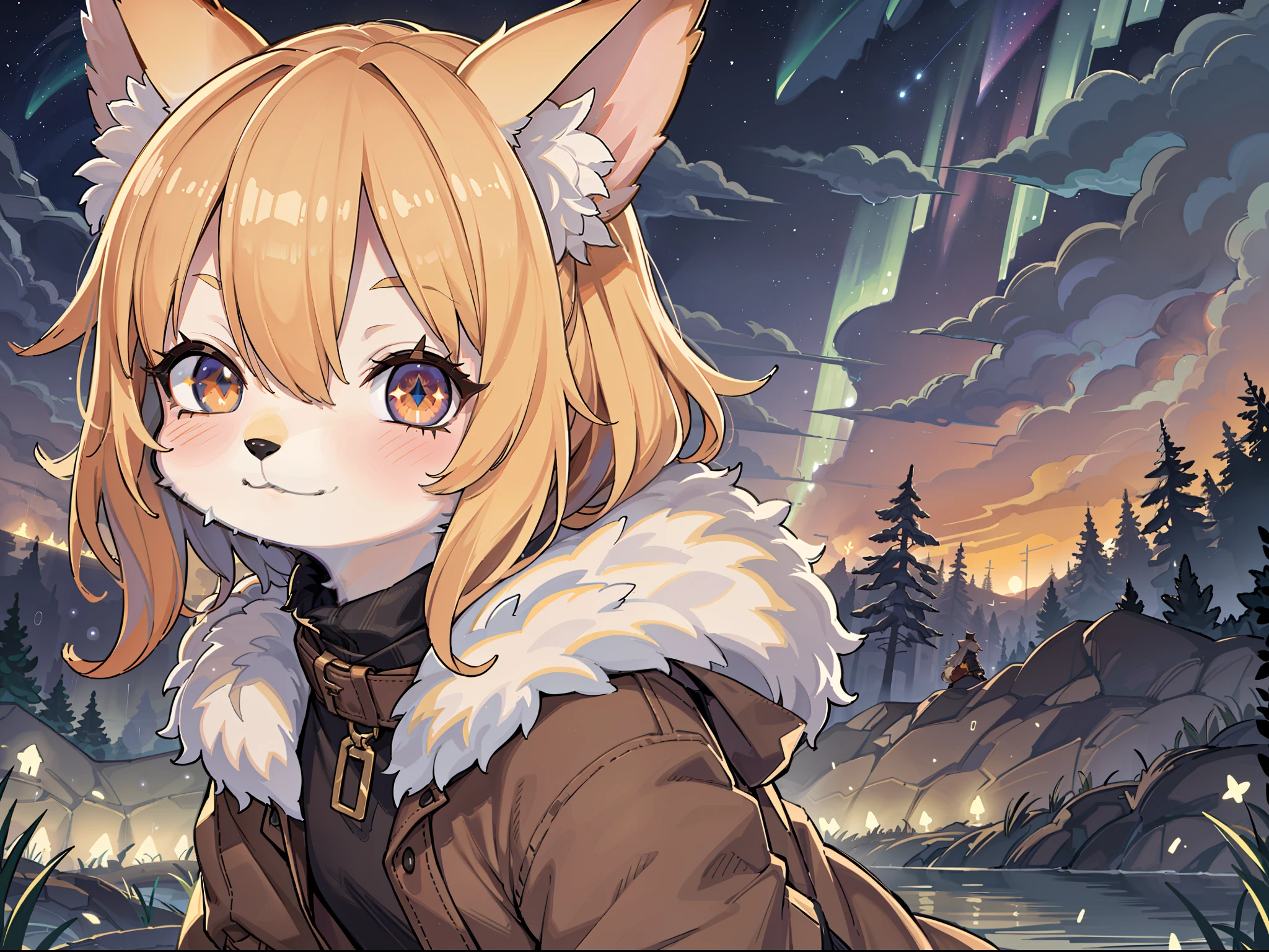 Shota the fox，hairy pubic，shaggy，Skin fur，Golden fur，Golden yellow face fur,Short straight blonde hair，Eyes have light，Red eyes，Brown elements on fur，Brown coat brown hood up，Star pattern white top，brown shorts，Beautiful lights and shadows，Ambient light，Ultra-fine fur，volumettic light,natural  lightting，fox tails，Fluffy tail，No Man, Lake, dark scenery, rain，Night，starrysky，Vast landscape，crossed bangs, Hairline, Shiny hair, lone nape hair, ，Dilated pupils，Sleepy，（moon full：1.2），（meteors：0.9），（Starcloud：1.3）（Warm light source：1.2），aurora，Rained，wetclothes, (overcast sky, Standing downpour:1.1), Extra-long sleeves， Purple and orange，Complicated details，Volumetriclighting，Realist breakthrough（tmasterpiece：1.2）（best qualtiy），4K，Ultra-delicate，（Dynamic configuration：1.4），Highly detailed and colorful details，（Irridescent color ：1.2），（luminouslighting，Atmospheric lighting），dream magical，magic，（独奏：1.2）Glowing light,Light blush, Smiling face with a faint blush, smiley，Single