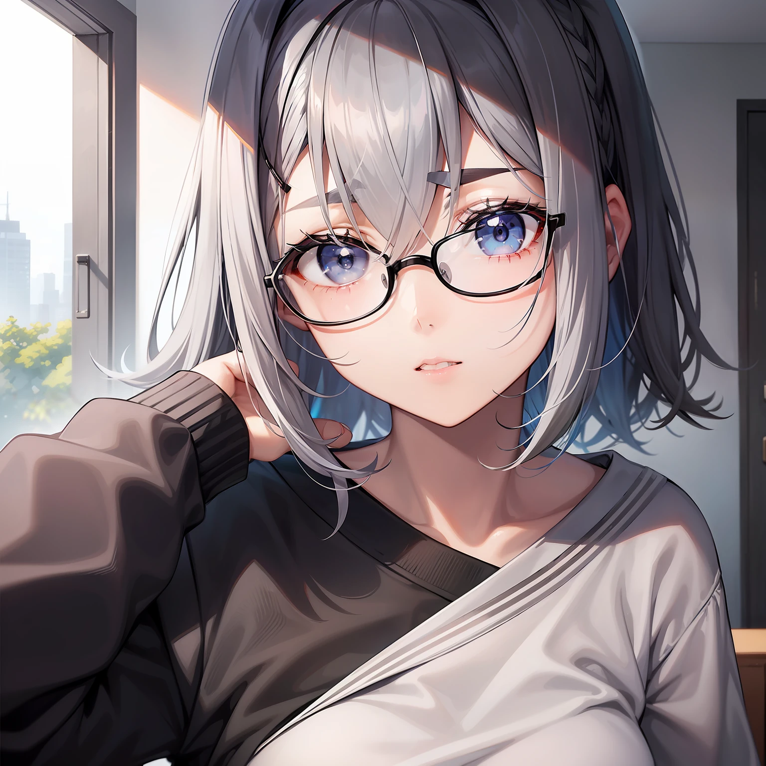 bob white hair、Black thin hair ornament on bangs、Blue bristles、Gray eyebrows、Blue-gray eyes、Wear round glasses with black rimmes、Glasses with a thick black frame、Black amepin on bangs