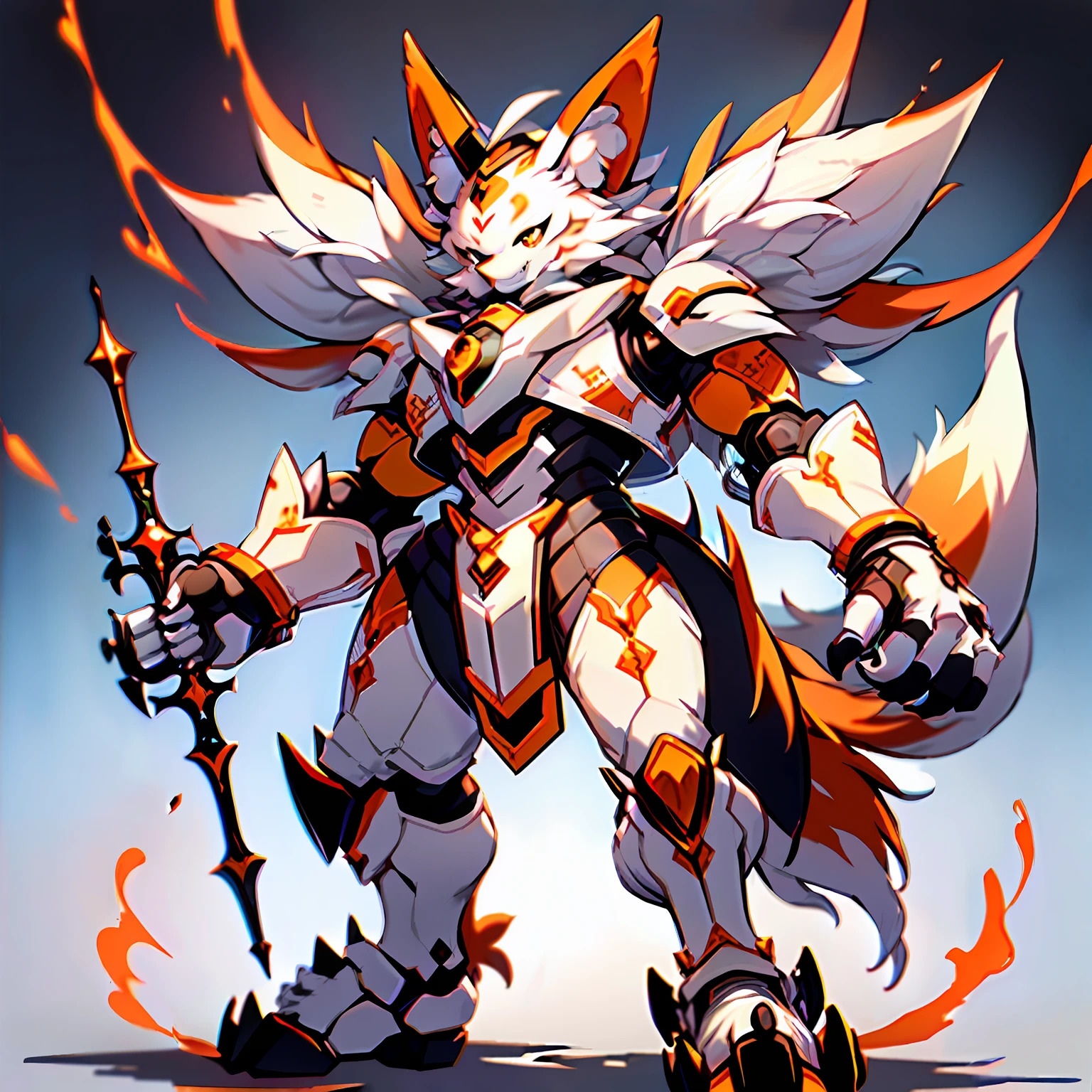 （Best Picture Quality), (tmasterpiece), ((Single 1.5)),(ultra - detailed)（furry）Prototyped after a fox，White and orange predominate，The hands resemble the fleshy claws of orcs，The feet resemble the claws of the orcs，Several robotic arms stick out of the back，A cute and handsome mech that can be used by people。