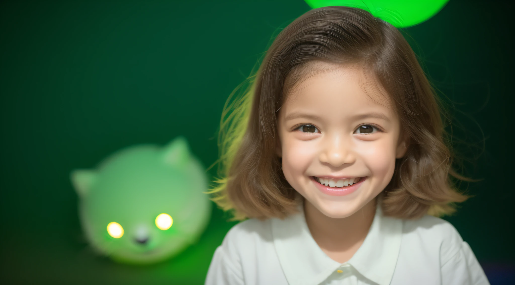 Estilo moderno, fundo branco, children's identification photo, bonito, menina sorridente, olhos escuros, cabelo curto, gravata borboleta, claro, de alta qualidade, soft green lights in children's hair.