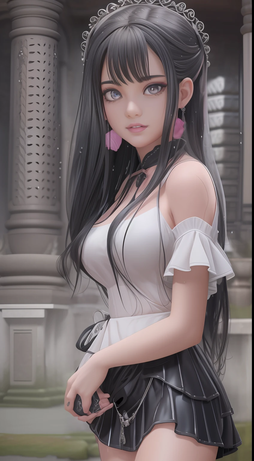 1 girl in, ta, lo gothic, sexi, ropa rasgada, bragas visibles, braless, Asian, maquillada, guapa, raw, la mejor calidad, 8k hdr, esbelta, estilo hiperrealista, modelado 3d, cinematography lighting, Moist body, sudada, sucia, covered with wet mud, culo grande, tetas grandes, vaginal, anal, piernas guresas, tonificadas, symmetrical face, bellos labios, ojos amarillos, de frente, Melancholy look, ropa pegada al cuerpo, fondo marino, cuerpo completo.