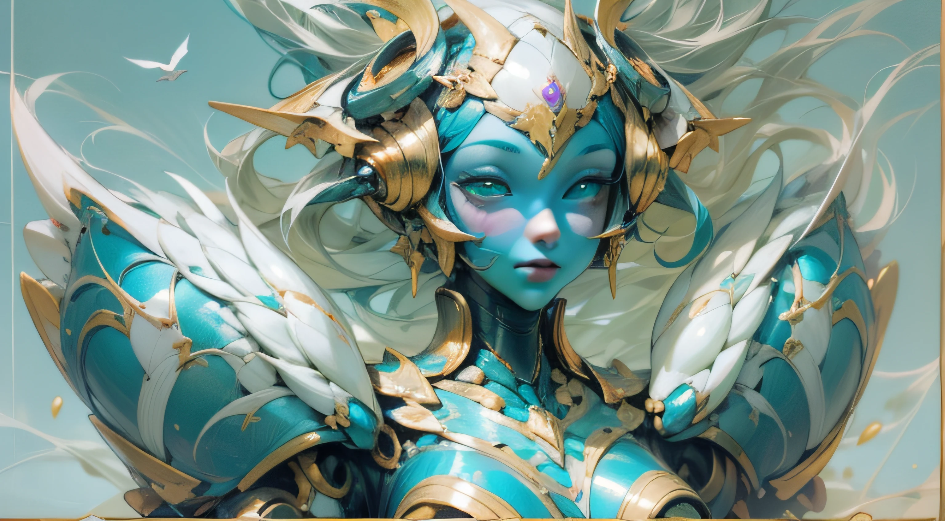 The first image is a concept art of a robot inspired by the Greek goddess Aphrodite. The robot has a feminine form with smooth, curvaceous lines, designed to symbolize love and beauty. Its arms and legs trace flowing curves, and its body is covered in a glossy material. The color palette is predominantly reminiscent of the sea, featuring various shades of blue and green, along with pearl-like white. Accents of gold and pink are also incorporated. The robot's head and chest are adorned with shell-shaped decorations, and a dove is either perched on its shoulder or held in its hand. The robot has the ability to enchant people, playing beautiful music and emitting a light that illuminates its surroundings beautifully. It also has the ability to understand and amplify the feelings of love and joy that people experience. The image is hyper-realistic, highly detailed, and high-resolution 16k. The lighting is soft, casting a gentle glow on the robot and its surroundings. The composition is a full-body shot, taken with a 50mm lens at f/1.8, ISO 100, and a shutter speed of 1/125. --ar 16:9 --v 5.1 --style raw --q 2 --s 750