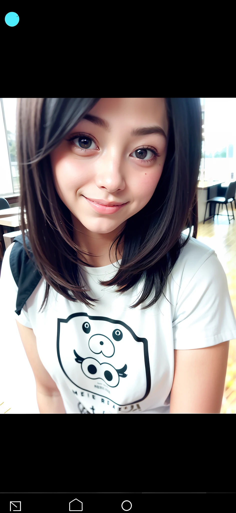 Alafeld girl with a smiling face on her face, ulzzangs, with short hair, Ruan cute vtuber, desaturated!!, 1 8 I, With long hair, wearing a tshirt, with instagram filters, with cute - fine - face, girl cute-fine face, photo on iphone, (((Low light))), shot on iphone，Black fat