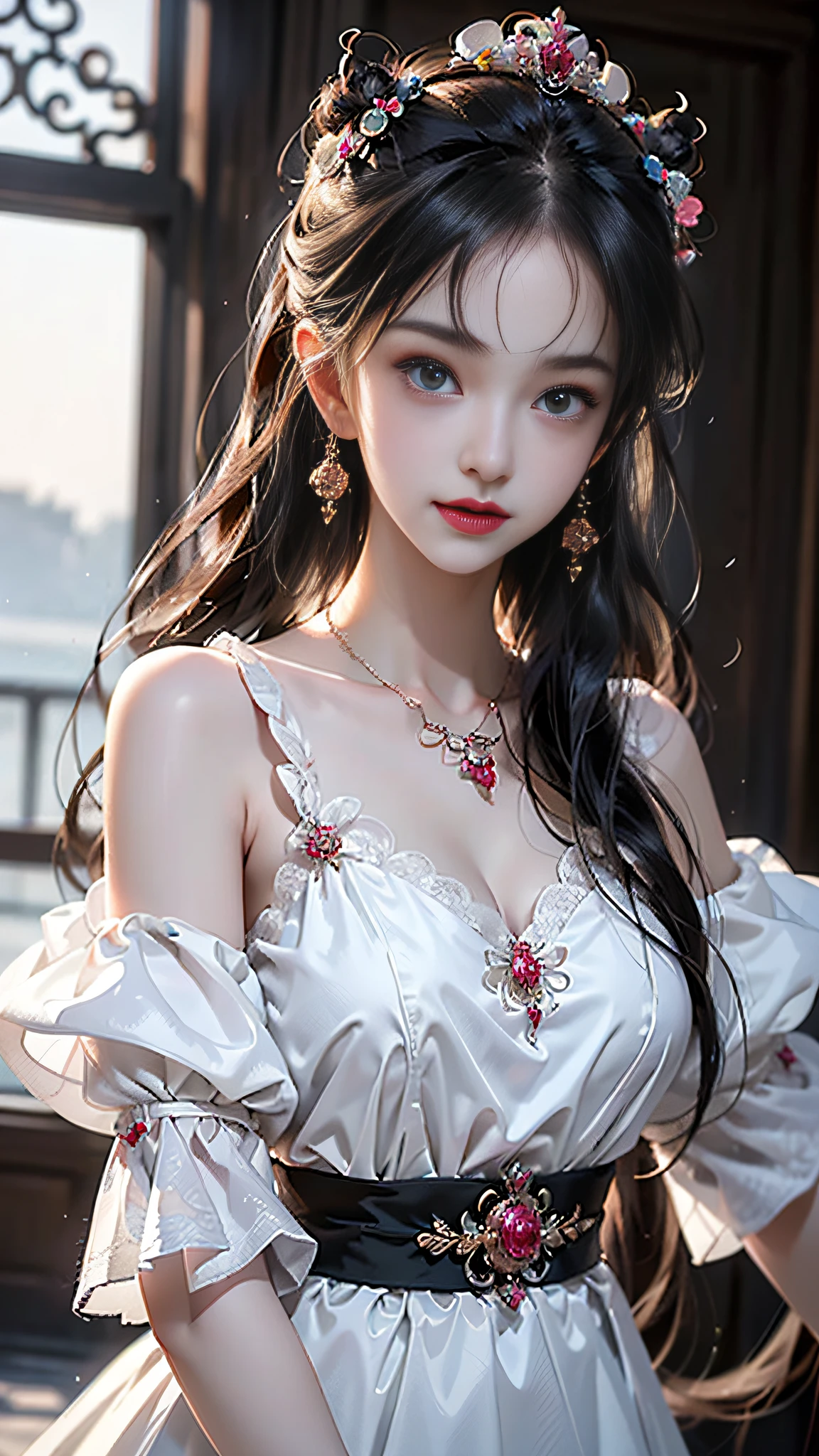 1 young empress wearing a red lace top, a deep-breasted nightgown, a Chinese-style dress, an ancient costume with many phoenix patterns, a spotless pinkish-white face, a crown on her head, and hip-length black hair , very beautiful and sharp brown eyes, small red lips, painted lips, charming smile, jewelry worn around the neck, earrings, white and even teeth, high nose, big round breasts, the girl's body is covered with water on chest, slim legs, thin mesh black socks, portrait, most realistic, highest quality, best pixels, 8k ultra ,