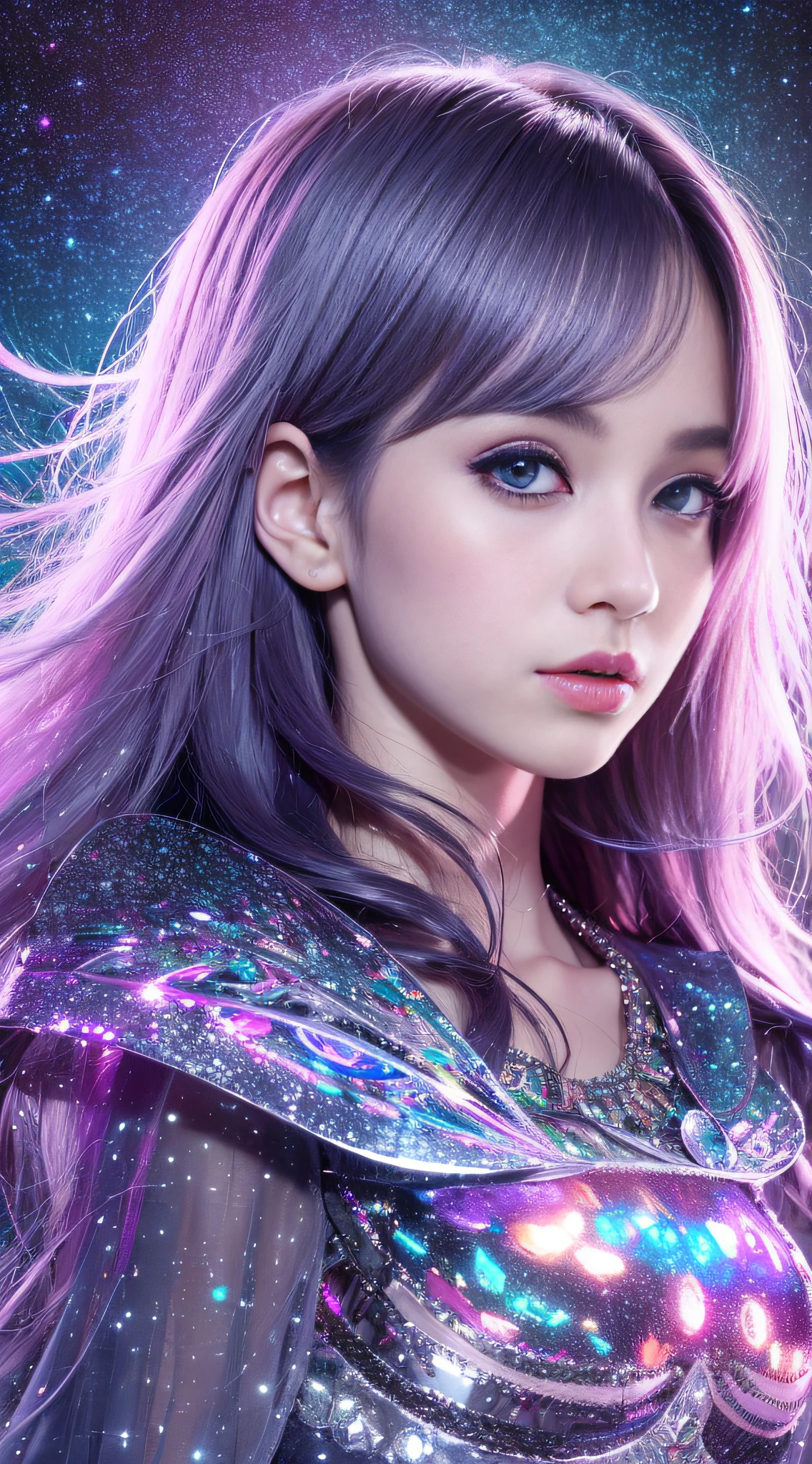 Background: Mysterious quantum environment, Cosmic elements and ethereal atmosphere,A mix of bright lights and colorful nebulae. Theme: A mysterious girl with a magical aura. She has long, Colorful wavy curls, The shiny hair stands out. His eyes are deep and expressive, Reflection Universe. She wore a flowing dress in purple and blue, With intricate details and mysterious textures. Color Palette: A combination of mysterious shades such as cosmic purple, Sky blue, Soft pink and a touch of gold. Create contrasts, Increase depth, Dark color, Such as dark purple or night blue. Aesthetics: The aesthetic combines elements of Mistycore, Known for its mysterious and ethereal atmosphere, and crystal cores, With its crystal clarity and sparkling details. The girl exudes magical energy,Her presence hangs over her,mesmerising. Covered with: Keep subtle glowing effects and glitter overlays around the girl, Covered with: Add a soft glow effect around the girl and crystal, It seems to exude magic. Also, Add small details of flash,Enhance the ethereal atmosphere.