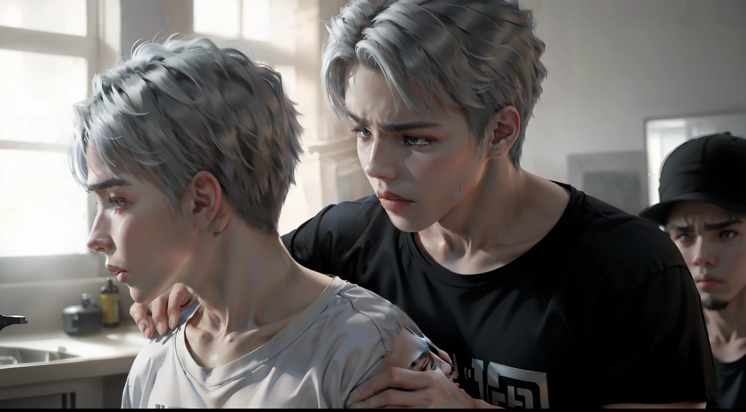 Mejor calidad, obra maestra, high resolusion, platinum gray hair A 15-year-old boy grabs his 15-year-old brother by the neck , They are facing each other are fighting their angry face, grabs him by the shirt and threatens to hit him with his fist... , esta enfadado con ganas de golpearlo ambos tienen cabello gris plateado camisetas negras