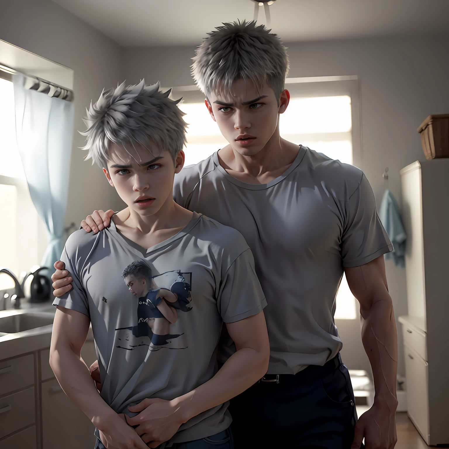 They are arguing fighting a brother stops the other does not let him go with his mother they shout they damage their clothes they hit each otherPlatinum gray hair A 15-year-old boy grabs his 15-year-old brother by the neck , They are facing each other are fighting their angry face, grabs him by the shirt and threatens to hit him with his fist.... , esta enfadado con ganas de golpearlo ambos tienen cabello gris plateado camisetas negras