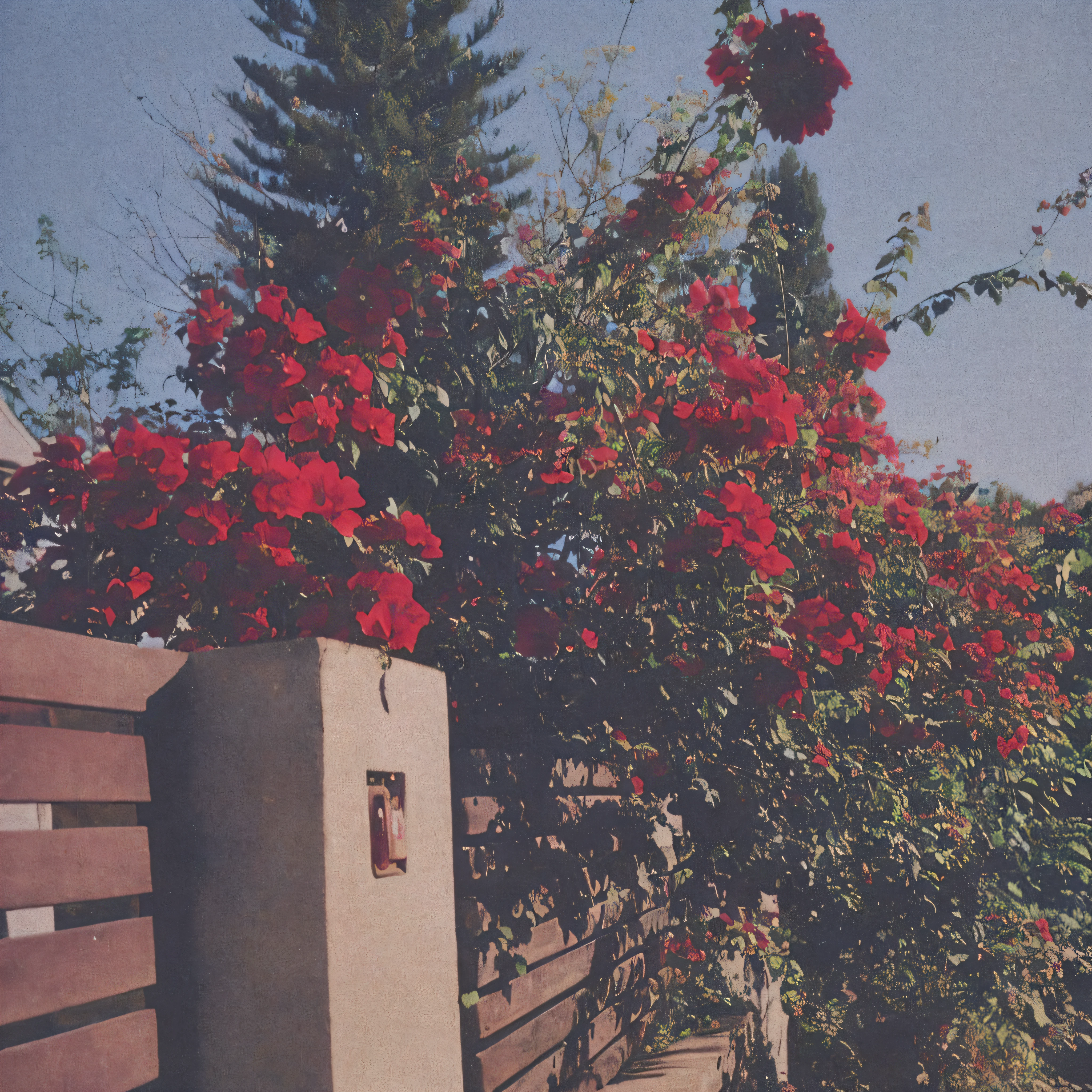 There is a wooden bench，There is a red flower on it, 35mm shot, faded red colors, shot on 35 mm, shot on 3 5 mm, shot on 35mm, Shot on expired instamatic film, kodakchrome : : 8 k'', 35mm color, 3 5 mm color, photographed on expired film, color 3 5 mm