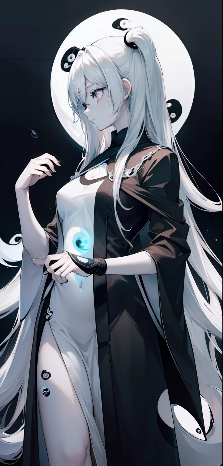 Query: masterpiece, best quality, as detailed as possible,(((extreme detail))), 1 girl, standing on the same level, long hair, white, dark, yin , yang, yin girl, yang girl, yin yang circle, body painting, side view, profile pose, (white skin:1.2), perfect detailed eyes looking down at the viewer, ((illustration)), medium chest, sparkling eyes, ((abyss background:1.0)), very dark background,  ((Godness:1.3))), ((godness dress:1.2)), (((yin yang style:1.2))), (((draw))), ((glow draw)), [neg: bad anatomy, broken body, broken fingers, broken arm, more than 2 arm, less then 2 arm]