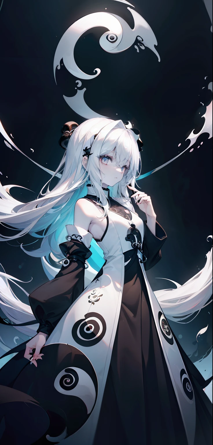 Query: masterpiece, best quality, as detailed as possible,(((extreme detail))), 1 girl, standing on the same level, long hair, white, dark, yin , yang, yin girl, yang girl, yin yang circle, body painting, side view, profile pose, (white skin:1.2), perfect detailed eyes looking down at the viewer, ((illustration)), medium chest, sparkling eyes, ((abyss background:1.0)), very dark background,  ((Godness:1.3))), ((godness dress:1.2)), (((yin yang style:1.2))), (((draw))), ((glow draw)), [neg: bad anatomy, broken body, broken fingers, broken arm, more than 2 arm, less then 2 arm]