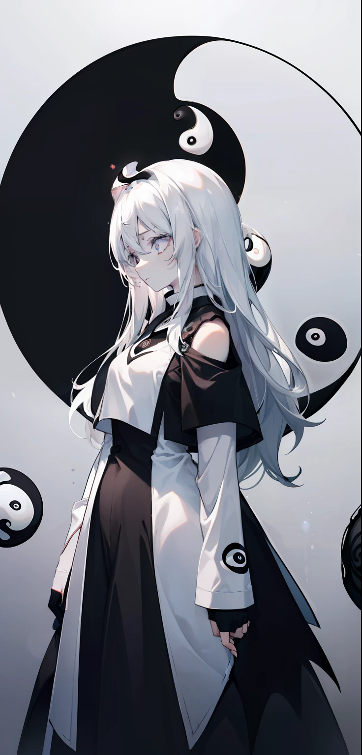 Query: masterpiece, best quality, as detailed as possible,(((extreme detail))), 1 girl, standing on the same level, long hair, white, dark, yin , yang, yin girl, yang girl, yin yang circle, body painting, side view, profile pose, (white skin:1.2), perfect detailed eyes looking down at the viewer, ((illustration)), medium chest, sparkling eyes, ((abyss background:1.0)), very dark background,  ((Godness:1.3))), ((godness dress:1.2)), (((yin yang style:1.2))), (((draw))), ((glow draw)), [neg: bad anatomy, broken body, broken fingers, broken arm, more than 2 arm, less then 2 arm]