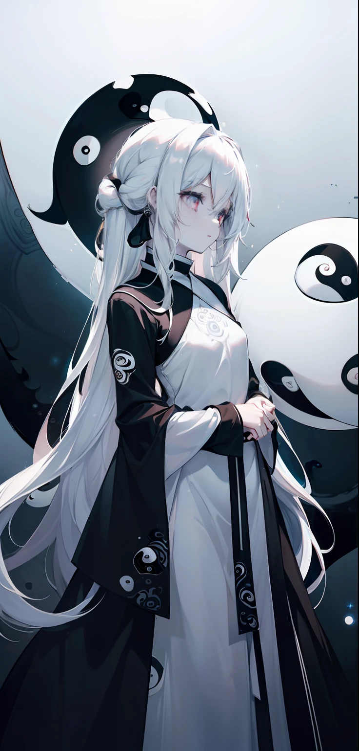 Query: masterpiece, best quality, as detailed as possible,(((extreme detail))), 1 girl, standing on the same level, long hair, white, dark, yin , yang, yin girl, yang girl, yin yang circle, body painting, side view, profile pose, (white skin:1.2), perfect detailed eyes looking down at the viewer, ((illustration)), medium chest, sparkling eyes, ((abyss background:1.0)), very dark background,  ((Godness:1.3))), ((godness dress:1.2)), (((yin yang style:1.2))), (((draw))), ((glow draw)), [neg: bad anatomy, broken body, broken fingers, broken arm, more than 2 arm, less then 2 arm]