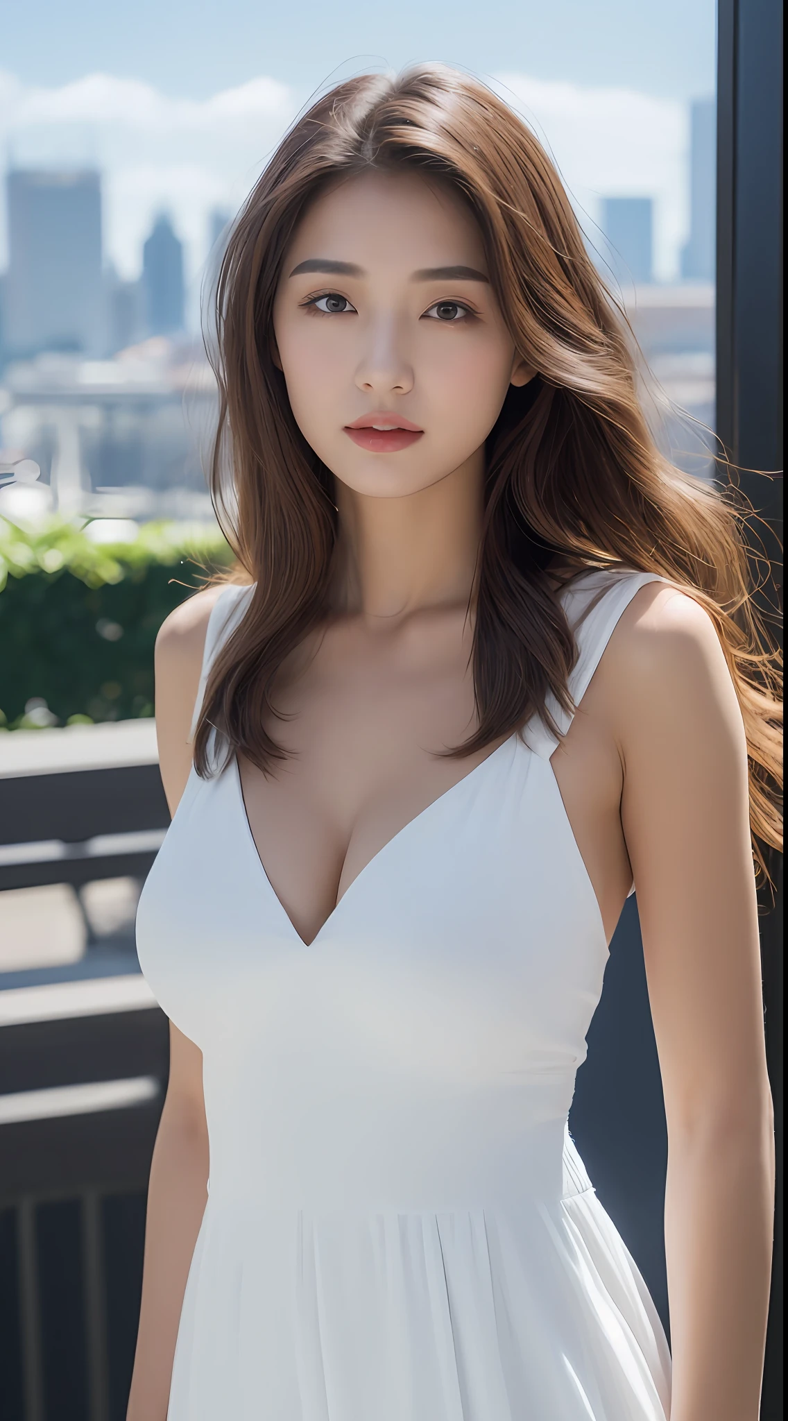 (Daytime, Excellent, 8K, Masterpiece:1.3)), Full Body, Long Legs, Focal Length: 1.2, Perfect Body Beauty: 1.4, Slim Abs: 1.1, ((Dark Brown Hair, Big Breasts: 1.2 )), (White Dress, Standing: 1.2), ((City, Blue Sky and White Clouds: 1.3)), Highly detailed face and skin texture, Detailed eyes, Double eyelids, Flying long hair