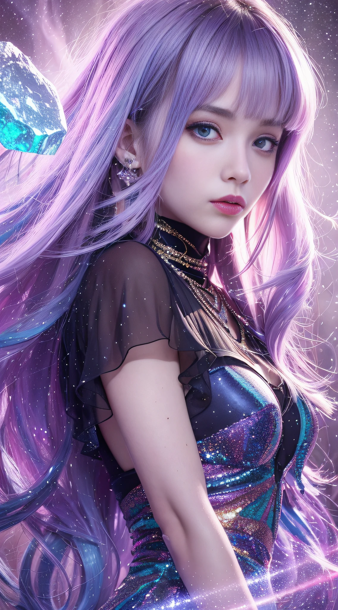 Background: Mysterious quantum environment, Cosmic elements and ethereal atmosphere，A mix of bright lights and colorful nebulae. Theme: A mysterious girl with a magical aura. She has long, Colorful wavy curls, The shiny hair stands out. His eyes are deep and expressive, Reflection Universe. She wore a flowing dress in purple and blue, With intricate details and mysterious textures. Color Palette: A combination of mysterious shades such as cosmic purple, Sky blue, Soft pink and a touch of gold. Create contrasts, Increase depth, Dark color, Such as dark purple or night blue. Aesthetics: The aesthetic combines elements of Mistycore, Known for its mysterious and ethereal atmosphere, and crystal cores, With its crystal clarity and sparkling details. The girl exudes magical energy，Her presence hangs over her，mesmerising. Covered with: Keep subtle glowing effects and glitter overlays around the girl, Covered with: Add a soft glow effect around the girl and crystal, It seems to exude magic. Also, Add small details of flash，Enhance the ethereal atmosphere.