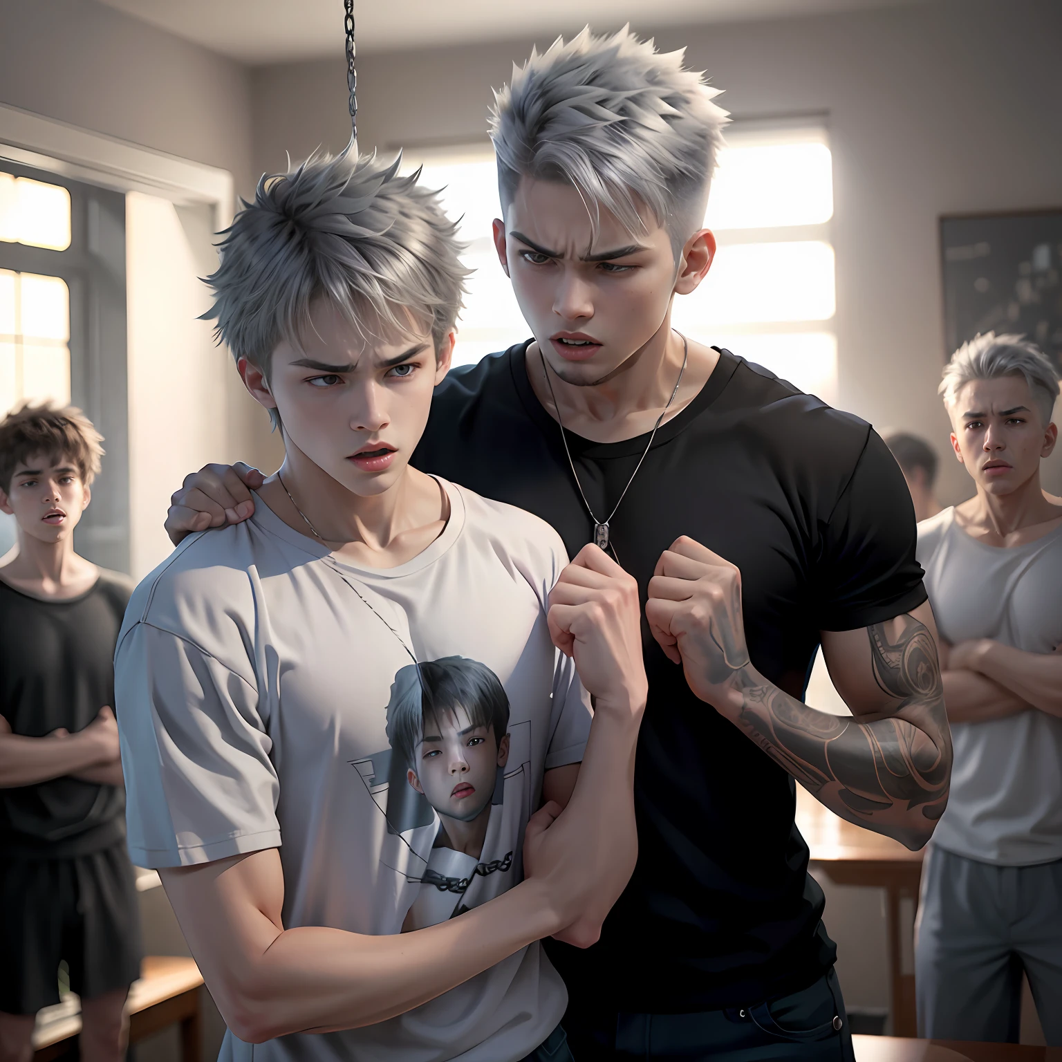 They are arguing fighting a brother stops the other does not let him go with his mother they shout they damage their clothes they hit each otherPlatinum gray hair A 15-year-old boy grabs his 15-year-old brother by the neck , They are facing each other are fighting their angry face, grabs him by the shirt and threatens to hit him with his fist.... , esta enfadado con ganas de golpearlo ambos tienen cabello gris plateado camisetas negras