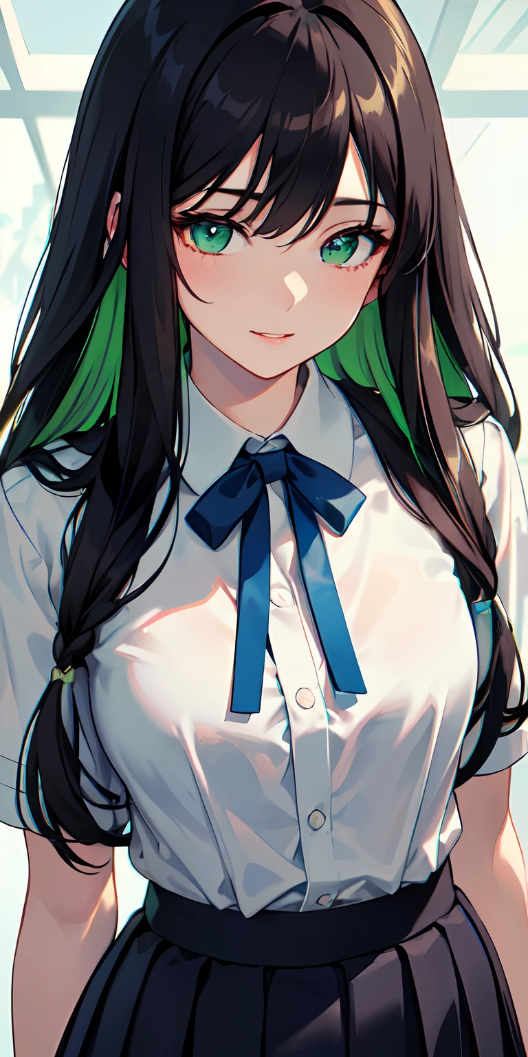 ((best quality, masterpiece)), (1girl, solo, sharp face, perfect proportion body, beautiful body, dynamic angle), (emotional face, very happy face), (colorful hair, long hair, brown hair, green highlights, hair between the eyes), (colorful eyes, vibrant color, green eyes, finely detailed beautiful eyes:1.2), (beautiful detailed face), (beautiful schoolar clothes, white shirt, dark blue skirt), (an extremely delicate and beautiful), high contrast, (detailed background, best illumination, hyper detailed background, hyper detailed school, high illumination, inside school, modern school, japanese school, natural lights),