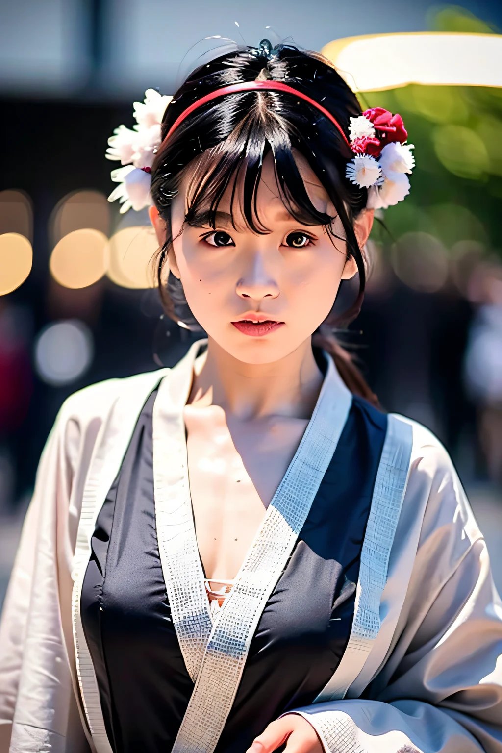 8K, primitive, Best quality, 超高分辨率, Photorealistic, Realistic, 1girll, (((Portrait))), closeup cleavage, Hanfu, ash gray hair, whaite hair, bangs, Long hair, Cute headband, walking at street, Perfect lighting,

,  Akinav1,