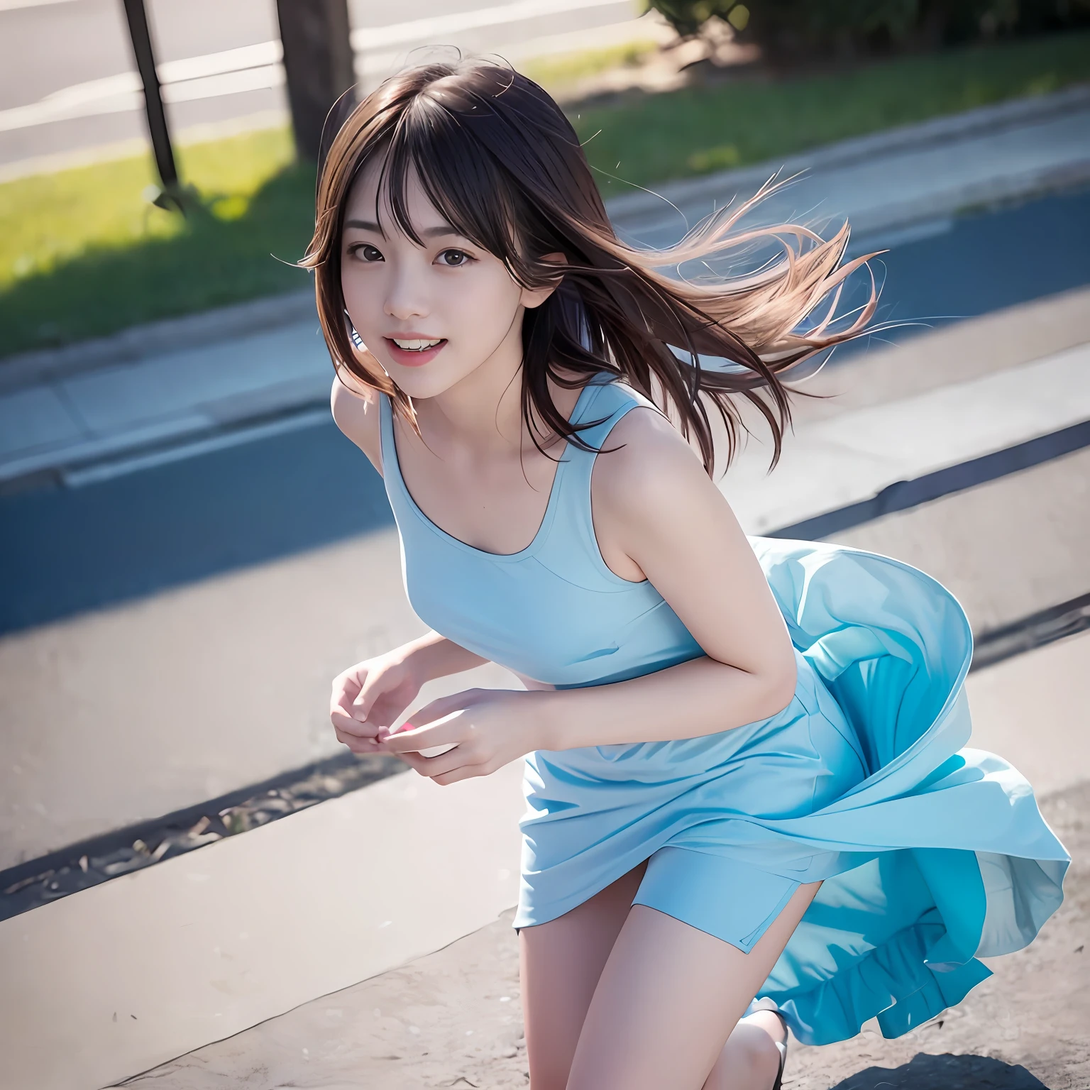 (8K, RAW Photos, of the highest quality, Masterpieces: 1.2), (Realistic, Photorealistic: 1.37), Highest Quality, Ultra High Resolution, light leaks, Dynamic lighting, Slim and smooth skin, (Full body:1.3), (Soft Saturation: 1.6), (Fair skin: 1.2), (Glossy skin: 1.1), Oiled skin, 22 years old, Night, Glossy short bob, Well-formed, Hair fluttering in the wind, Close-up shot of face only, Physically Based Rendering, From multiple angles, A big smile, Light blue sleeveless, Brown skirt,Stand on the lawn、Landscape of rice fields in the countryside