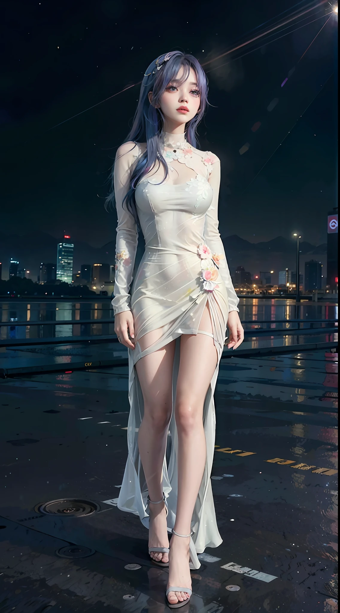 1girls, Floral chiffon long dress (color full), street, cyberpunk, city, absurdres, highres, upper body, galaxy multicolored hair,
