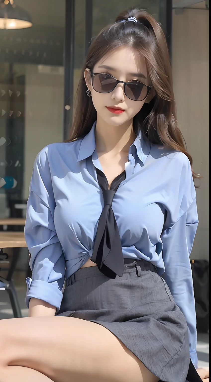 Exquisite, masterpiece, beautiful details, colorful, delicate details, delicate lips, intricate details, large breasts, black sunglasses with cool, 1 woman, (a beautiful 20-year-old cute Korean woman: 1.1), (kpop idol, Korean mixed), (50mm Sigma f /1.4 ZEISS lens, F1.4, 1/800s, ISO 100, photograpy:1.1), (photorealistic:1.4), (SPY:1.2), (Open Jacket,Shirt, Skirt,Tie,Black Pantyhose,Christian Louboutin\(Brand\),:1.3), Earrings, Necklace, Armbands, (Tavern, Bar:1.2), (Beautiful Legs, High Girl, Skinny, slim_legs, thigh_gap, Model:1.2), Lens flare, viewed from the front, (cool expressions), dynamic poses, (makeup: 1.2), (sitting in a wide office boss chair))