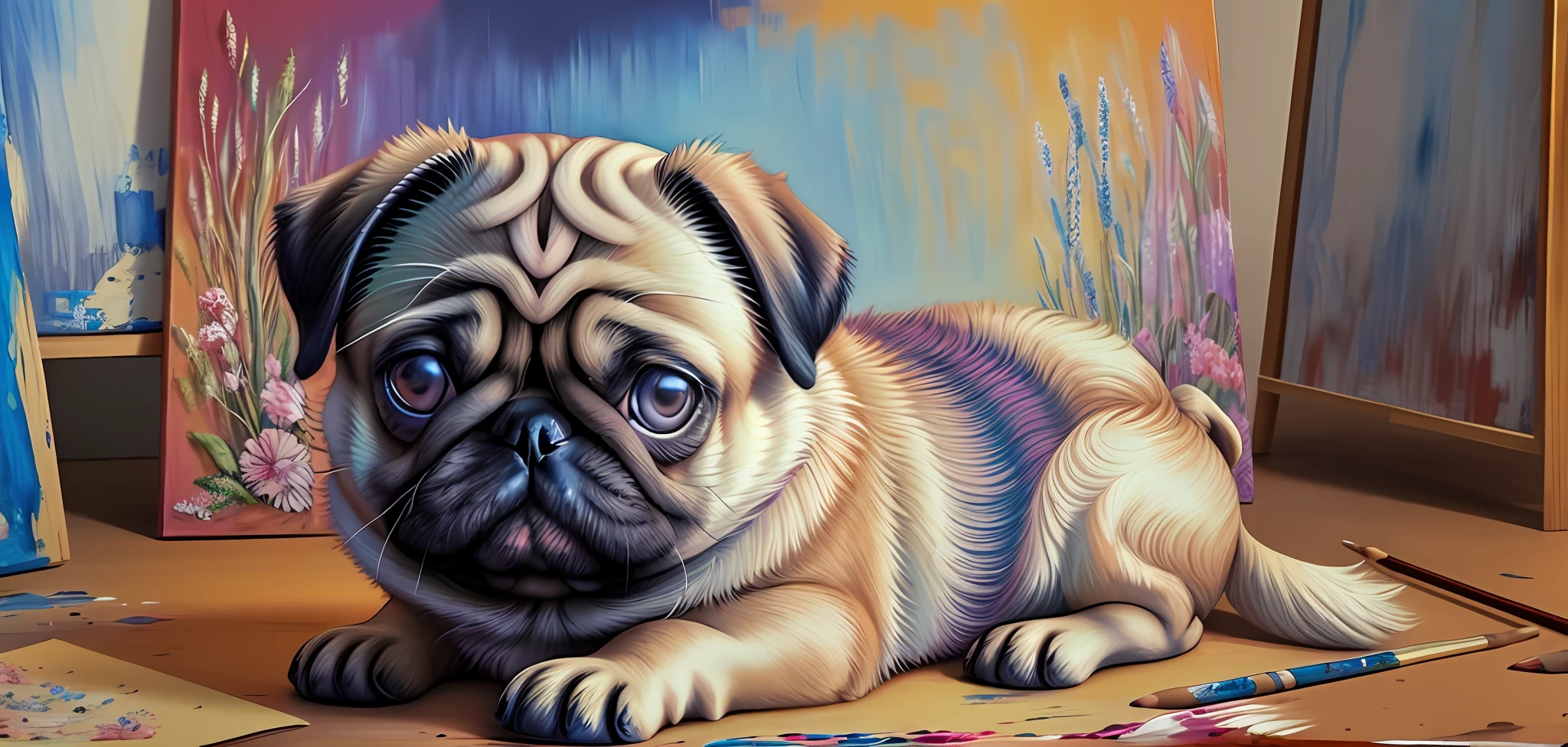a beautiful extremely detailed painting of a pug dog, flores a sua direita,
Yang08k, fotografia, majo, fundo preto, Colouring, realista,
Primary works, qualidade superior, melhor qualidade, Arte Oficial, Beautiful and Aesthetic,