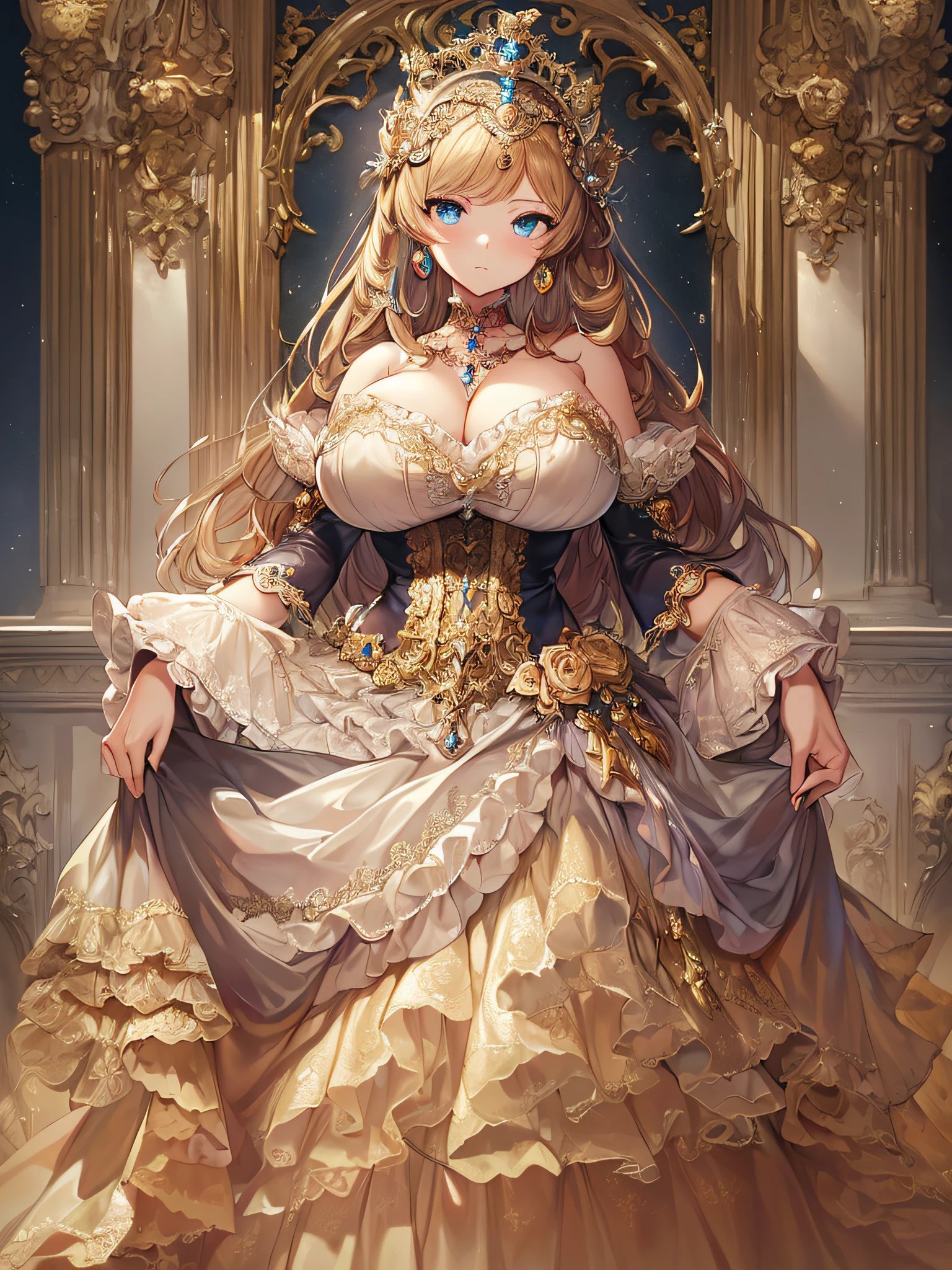 ((anime artstyle)),(Masterpiece),(Best Quality), (Super Detail),((Very Delicate and Beautiful)),((Solo)),((full body)),((1 princess in gorgeousfull rococo dress)),detailed face and eyes,jewel-like eyes,((voluminous Very Long Straight Hair)),((gigantic tits,Long tits)),skindentation,((gorgeousfull embroidery and lace)),gorgeous corsage,See-through,gorgeousfull hair ornament,gorgeousfull glitter jeweled tiara,ornate ruffles,((full body)),((hoop skirt,crinoline)),Dynamic Angle,Looking at viewer,(((gorgeous embroidery gorgeousfull rococo dress)),full body