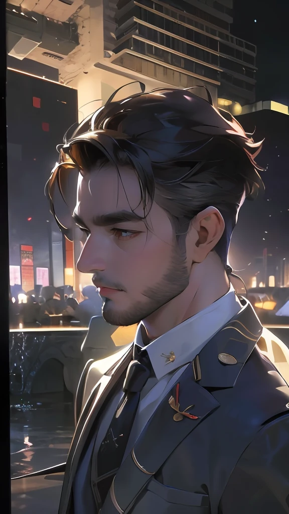 (absurdres, highres, ultra detailed, realistic, ), 1 male, solo, adult, mature, tall muscular guy, broad shoulders, handsome, very short hair, black hair, brown eyes, angular jaw, thick neck, thick eyebrows, night, dark, the night view of the city background, formal suit, necktie, upper body