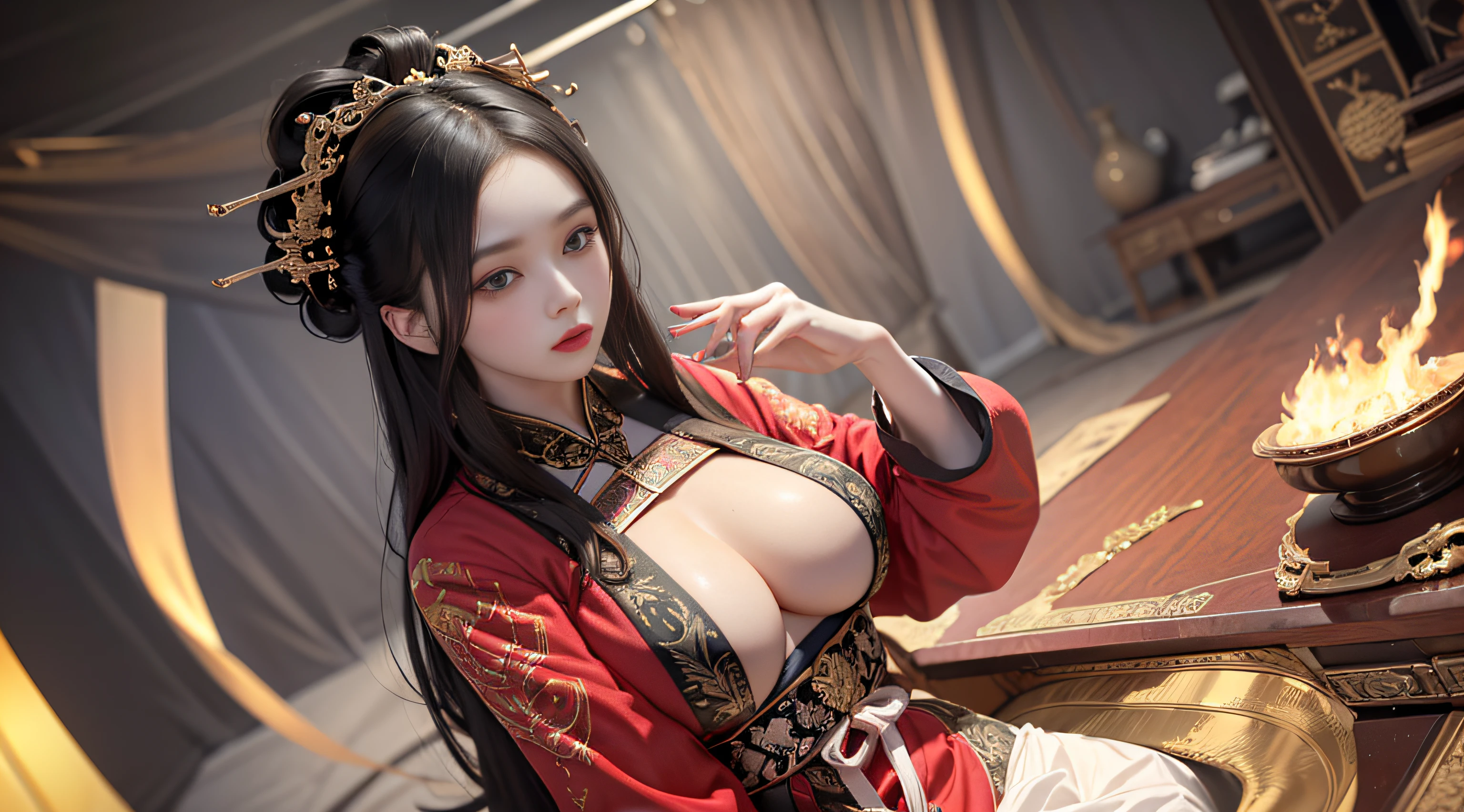 offcial art，Unity 8k壁纸，ultra - detailed，aestheticly pleasing，big breasts beautiful，tmasterpiece，best qualtiy， mistic， romanticism lain， An air of terror， literary， Artistically， Fashionab， Tang Dynasty era， decor， iintricate， embroidery，red color Hanfu，Red tulle coat，1girll，huge tit，Wide open chest，black color hair，Red hair accessories，Sad，A sense of fatalism，Full body composition，Dramatic composition，电影灯光，dynamic viewing angle，Raised sexy，full of seduction，Maple Grove，Maple leaves fall，The clouds are thick，Dramatic composition，