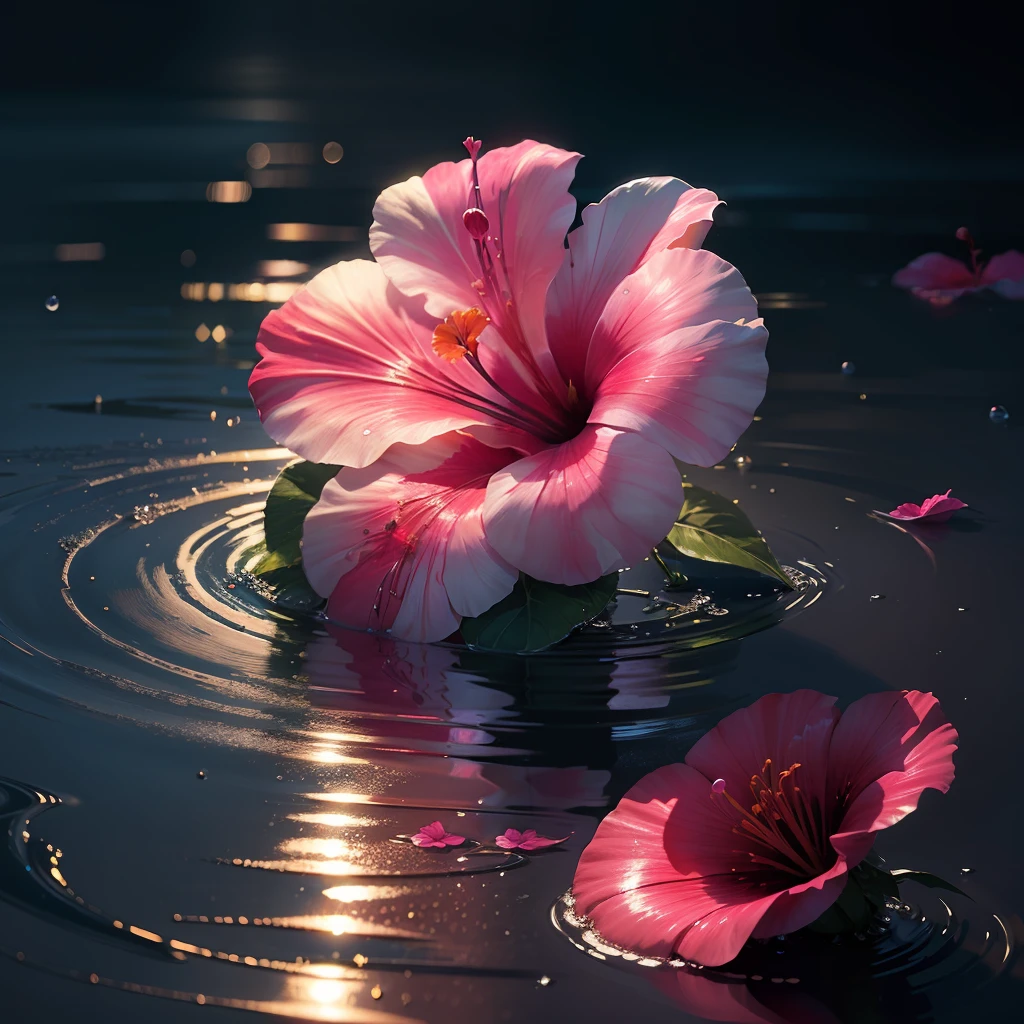 hibiscus Moon with water drops,neon glow, random background, sun rise, bokha mood