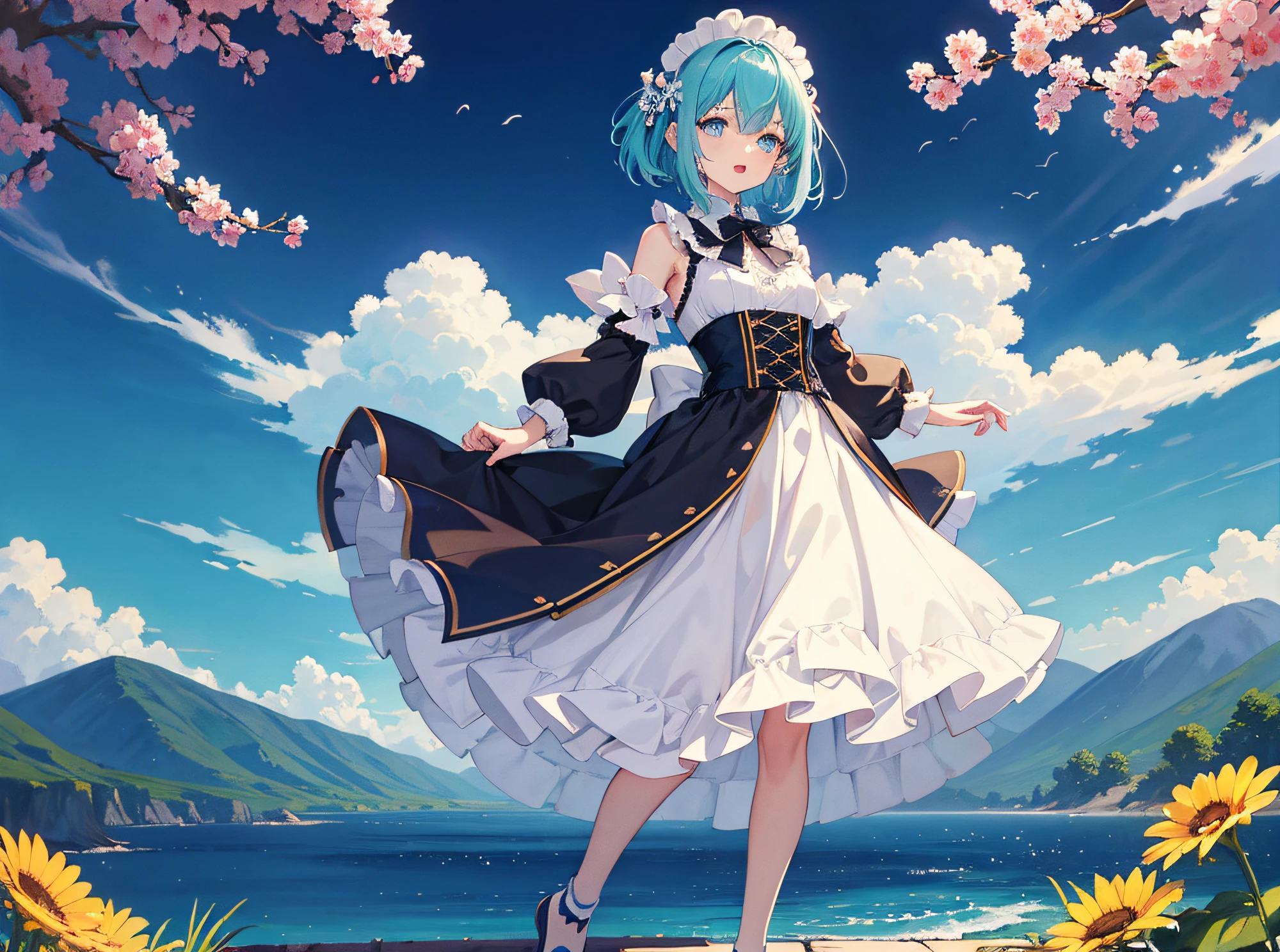 hyper detailed illustration ,superfine illustration, ((((masterpiece)))), High quality, very_high_resolution, Large_filesize, fulcolor ,Very cute and beautiful girl,Very cute and beautiful anime face and eyes, Very delicate eyes,eye shadow,Female, 年轻,20 years old, Short hair, Solo, 1 girl, pale skin , full body Esbian, multicolored hair(shuicolor cyan colors)、maid clothes、Open mouth, small tits, arms behind back, watercolor paiting、Beautiful background,nigh sky、Fantastic background、Sun flower