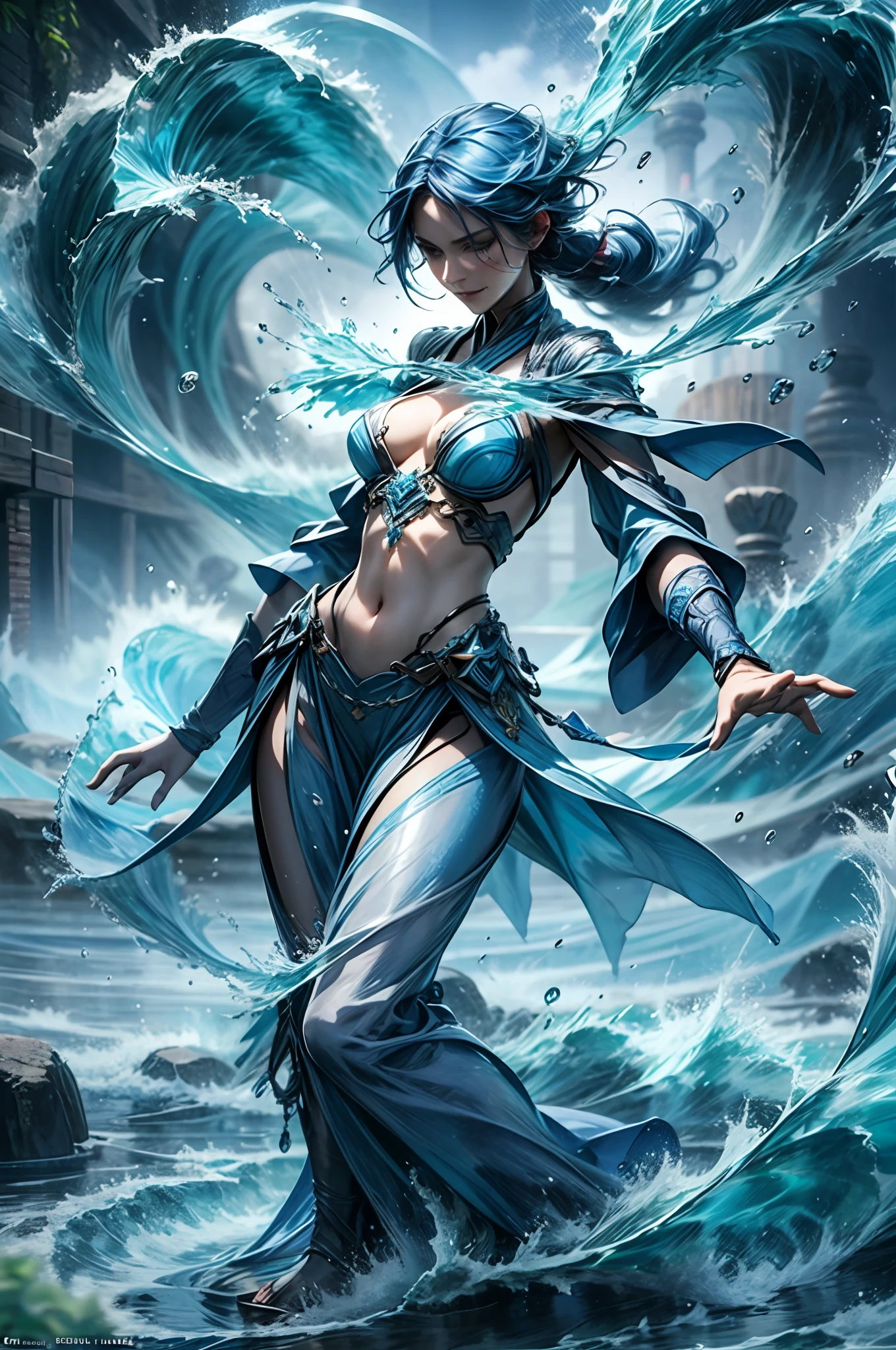 a beautiful demonic sorceress conjuring water casting a water spell,standing and looking at viewers, various water chains around her,(((detailed perfect face))),light smile, beautiful face, seductive body,tall body, mature body, BREAK water aura, water spear, water balls , water flow through her body, floating with a movement of her hand, blue transparent water splash dazzling around, water phoenix flying in the background, pure water on the ground just enough to cover her feet, water bender, floating water, water flows freely in the air,sexy body BREAK,Detailed,Realistic,4k highly detailed digital art,octane render, bioluminescent, BREAK 8K resolution concept art, realism,by Mappa studios,masterpiece,best quality,official art,illustration,ligne claire,(cool_color),perfect composition,absurdres, fantasy,focused