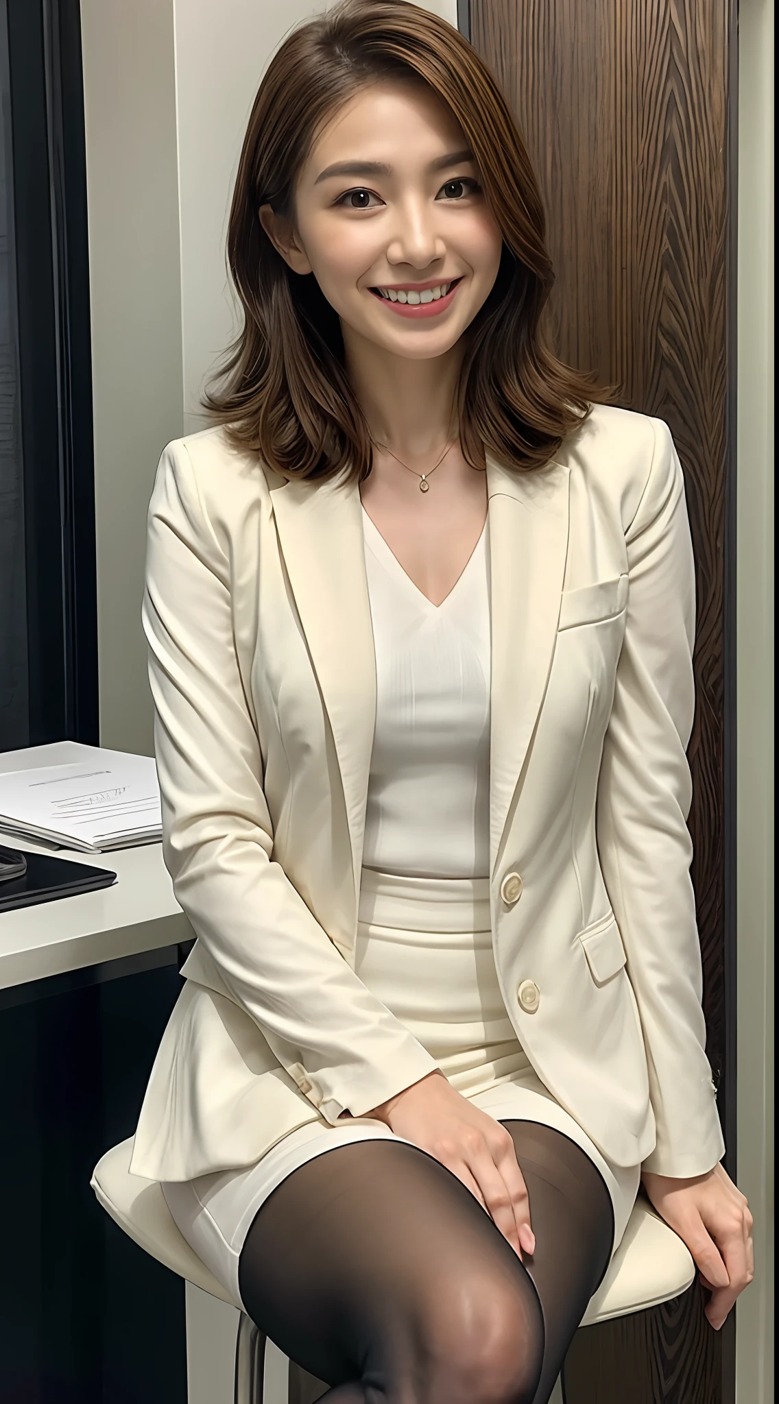 Elegant woman in white business suit, (beauty legs、thighs thighs thighs thighs、Black pantyhose)、Sitting at a desk、Wearing a strict white business suit, luxurious suit, Girl in a suit, Girl in suit, in a strict suit, elegant suit, ekaterina, in a business suit, Business attire, Wearing a business suit, Smile、Ready for a meeting、shinny skin、