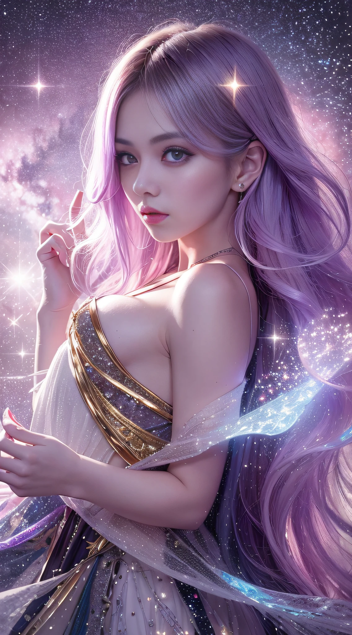 Background: Mysterious quantum environment, Cosmic elements and ethereal atmosphere,A mix of bright lights and colorful nebulae. Theme: A mysterious girl with a magical aura. She has long, Colorful wavy curls, The shiny hair stands out. His eyes are deep and expressive, Reflection Universe. She wore a flowing dress in purple and blue, With intricate details and mysterious textures. Color Palette: A combination of mysterious shades such as cosmic purple, Sky blue, Soft pink and a touch of gold. Create contrasts, Increase depth, Dark color, Such as dark purple or night blue. Aesthetics: The aesthetic combines elements of Mistycore, Known for its mysterious and ethereal atmosphere, and crystal cores, With its crystal clarity and sparkling details. The girl exudes magical energy,Her presence hangs over her,mesmerising. Covered with: Keep subtle glowing effects and glitter overlays around the girl, Covered with: Add a soft glow effect around the girl and crystal, It seems to exude magic. Also, Add small details of flash,Enhance the ethereal atmosphere.