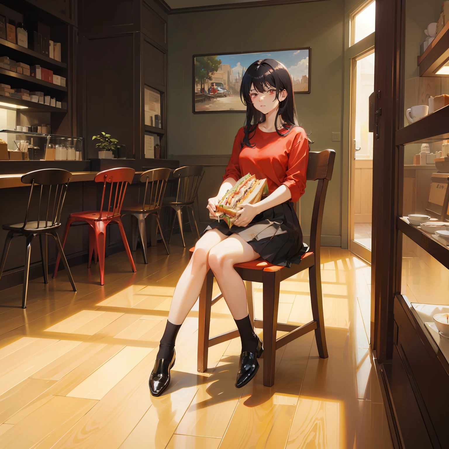 masterpiece、hightquality、vivd colour、(((Long Black Hair)))、(((Red Shirt)))、(((a black skirt)))、(((cafes)))、(((sandwich)))、(((sit a chair)))、morning