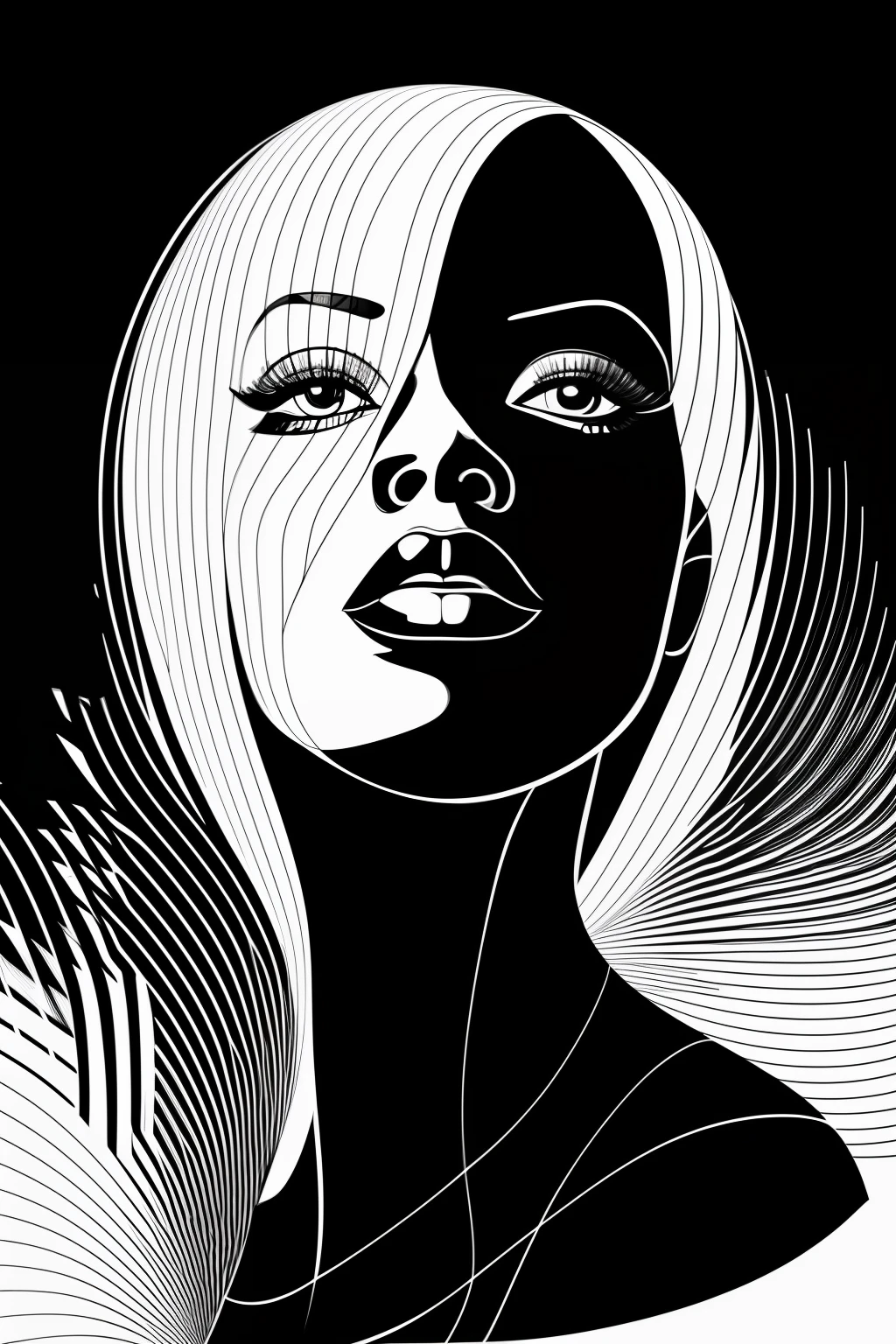 a black and white portait of a beautifull woman, vector line - art style, illustration black outlining, illustration line art style, thick vector line art, line art portrait, exquisite line art, line art illustration, in style of digital illustration, vector line art, outlined art, vector style drawing, bold line art, glowwave girl portrait, thin line art