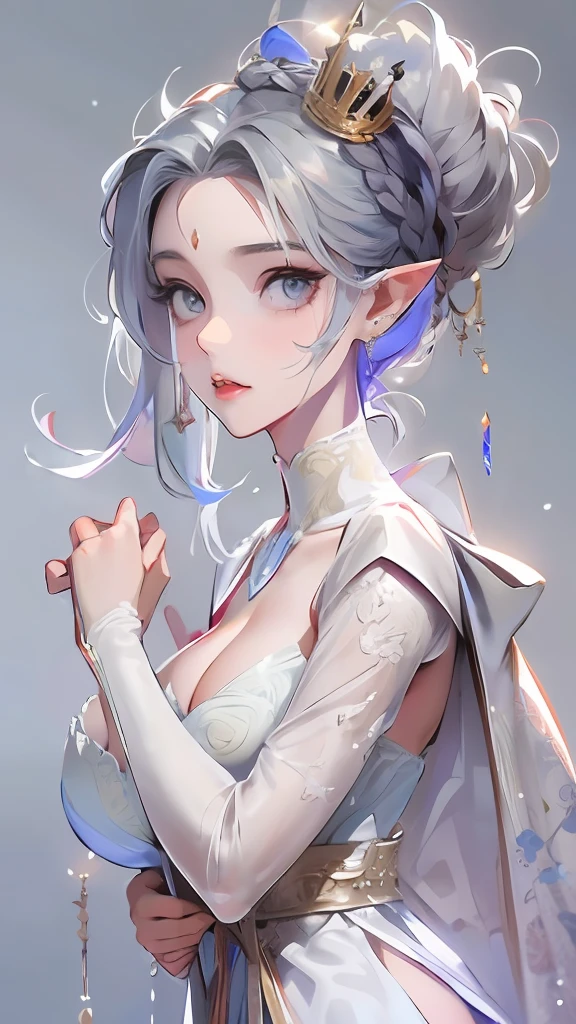 best qualtiy,highly detailed,tmasterpiece,ultra - detailed,Realistis,1girll,white backgrounid,simplebackground,Elaborate Eyes,Silver hair,a purple eye,hair_ornament,white offshoulder shirt,long whitr hair,pointy_ears,crown_braid,face expressionless,hair straight,++Sat down,big cleavage breasts